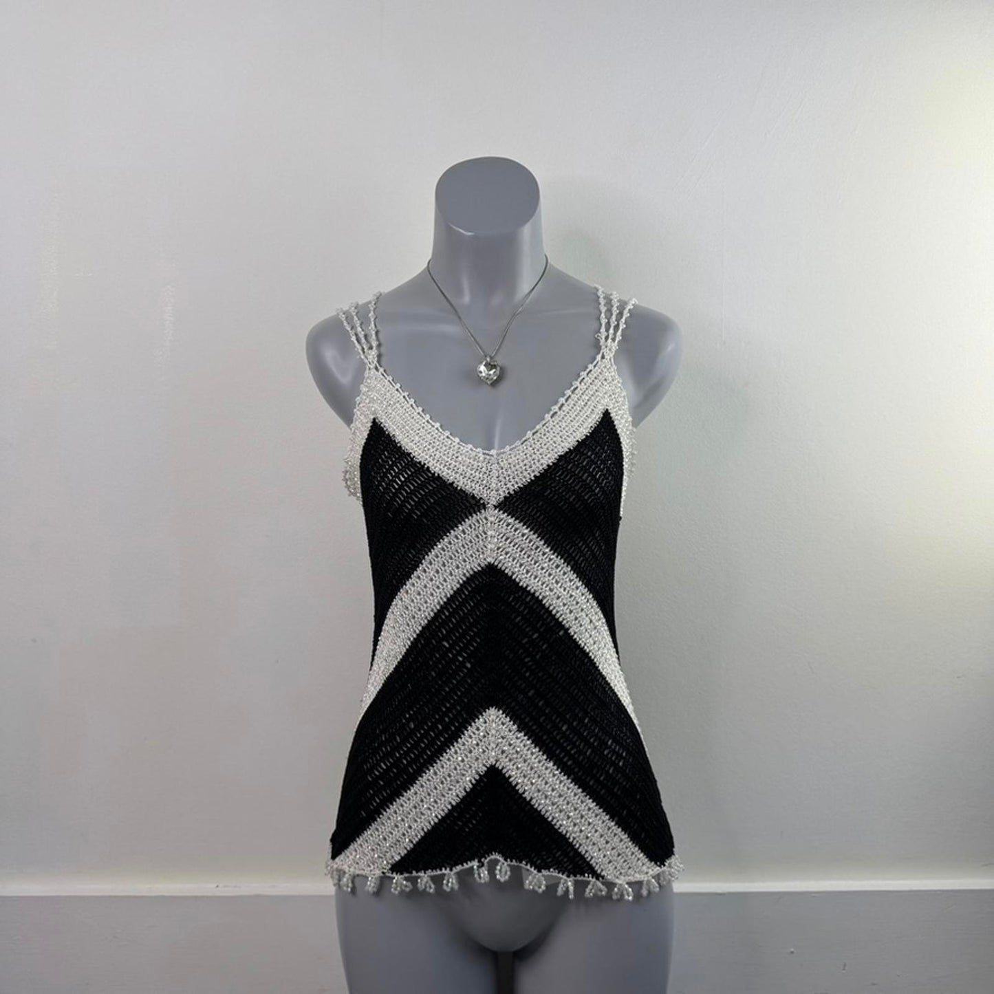 Y2K vintage crochet beaded sheer knit tank top strappy racerback chevron print