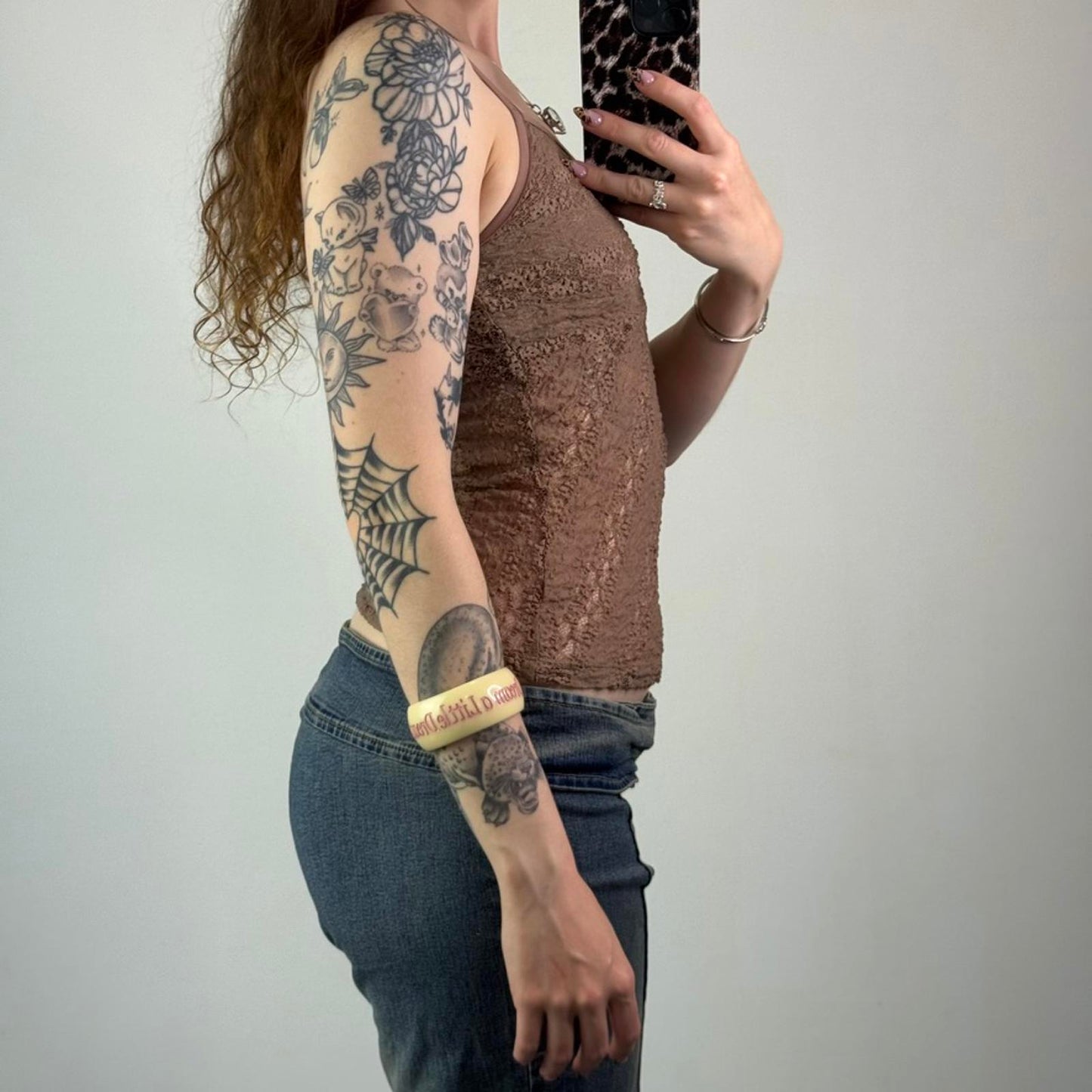 Y2K vintage stretchy mesh cami top sheer strappy light brown strappy fairy