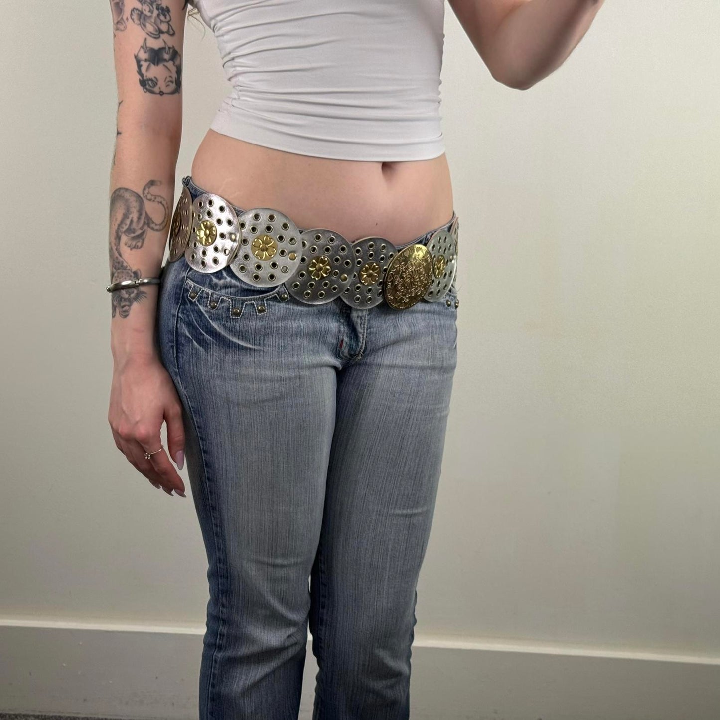 Y2K vintage disc circle belt boho silver gold chunky faux leather shiny