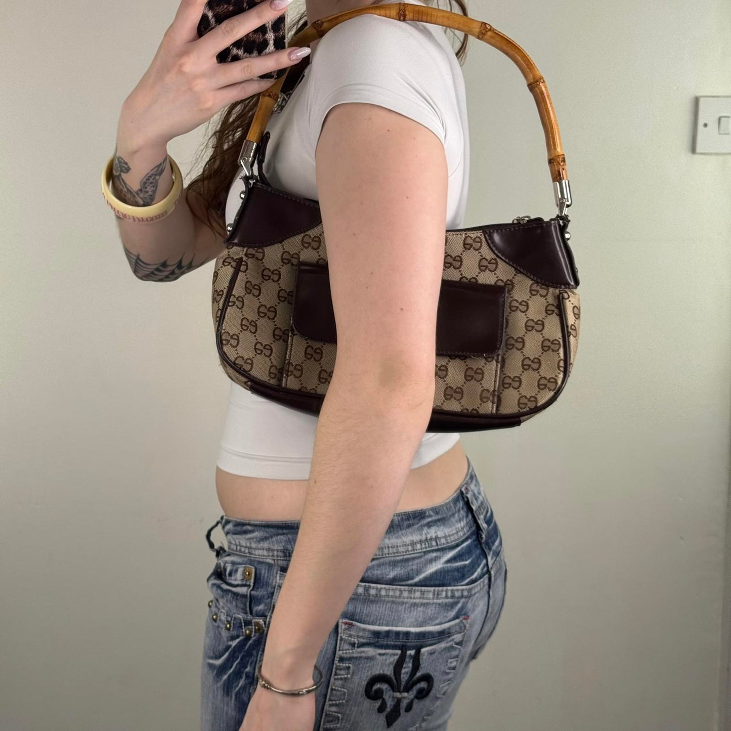 Y2K vintage shoulder bag bamboo handle small faux leather trim circle