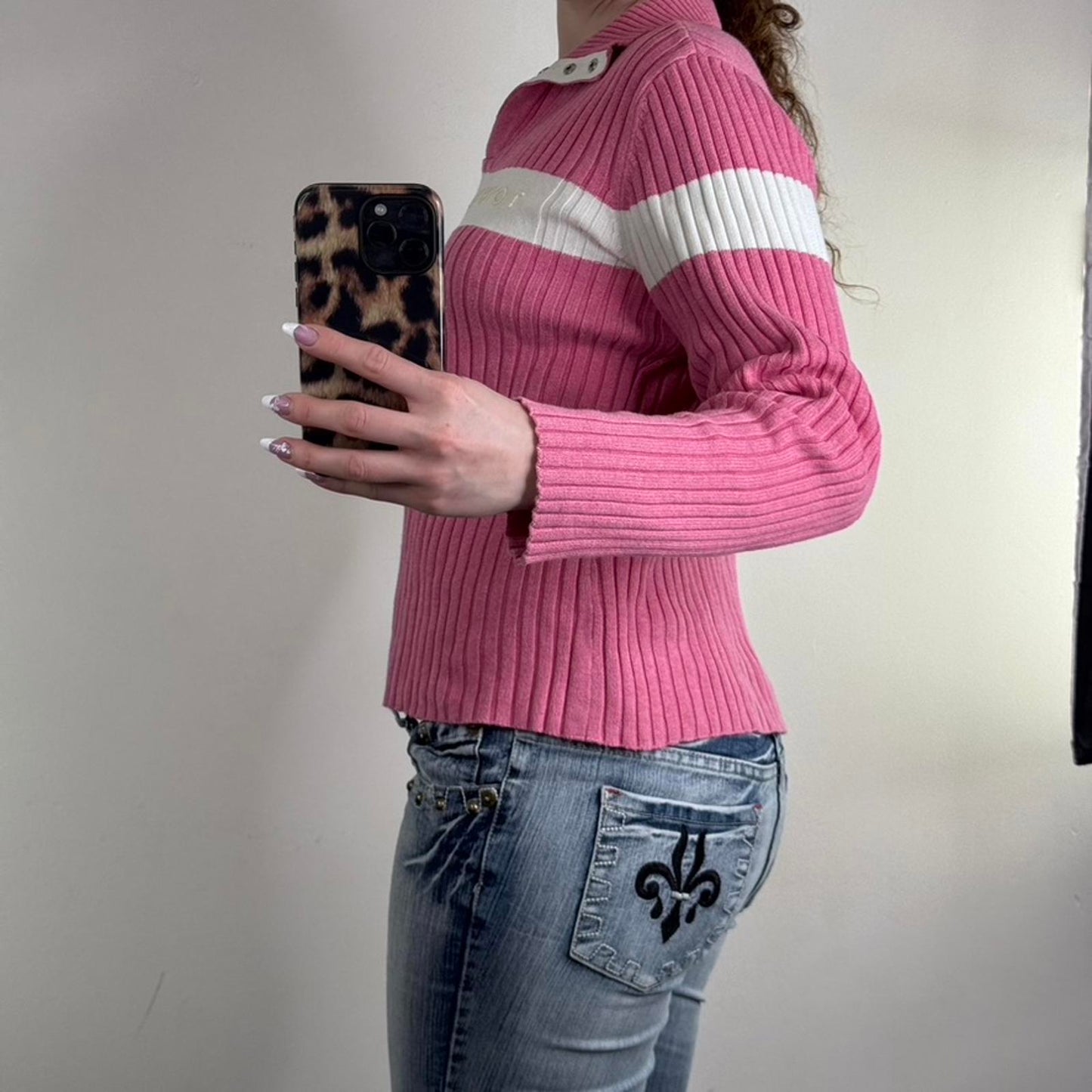 90s Y2K vintage Tommy Hilfiger jumper henley ribbed high neck pink white knit