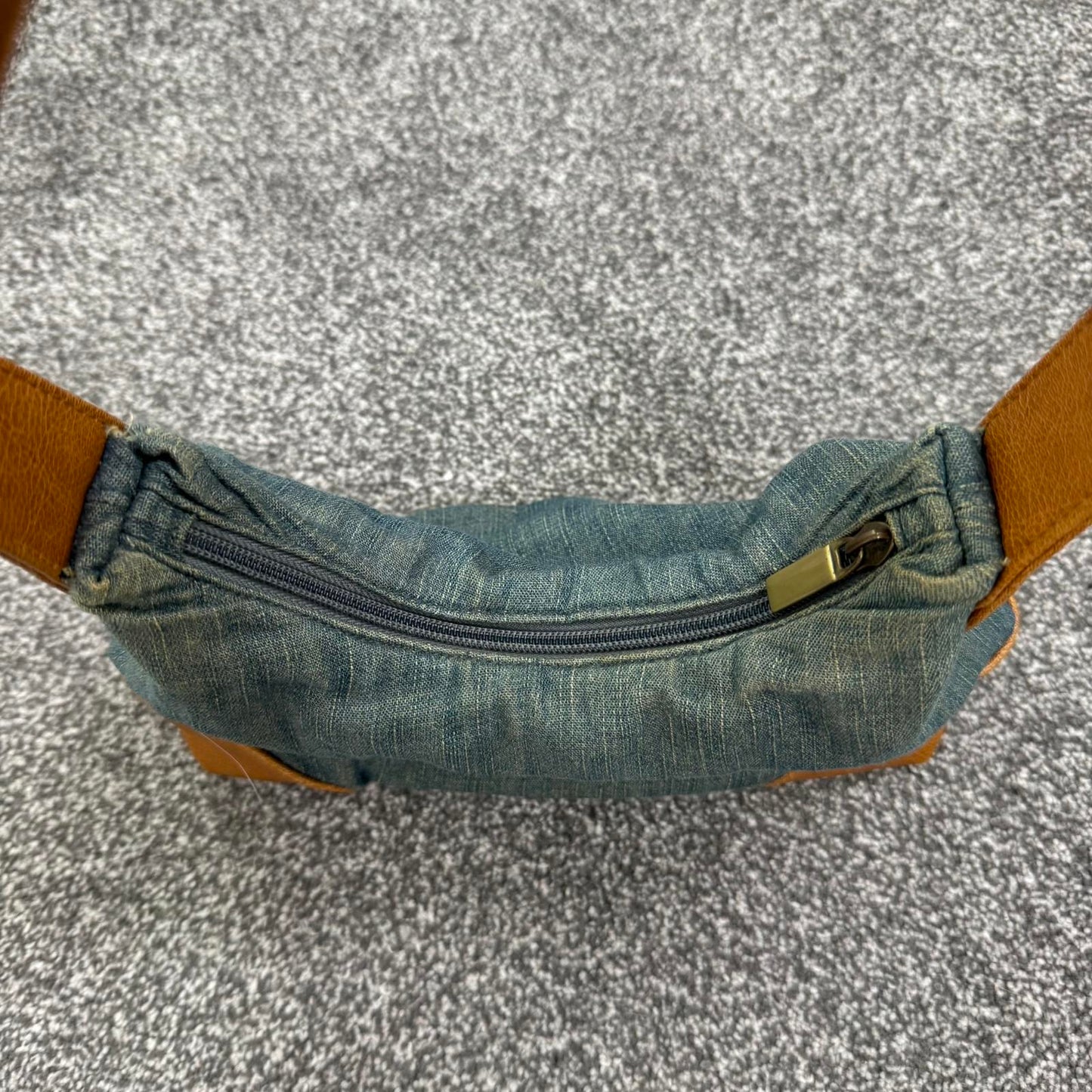 Y2K vintage denim faux leather mini shoulder bag zipper closure small blue brown