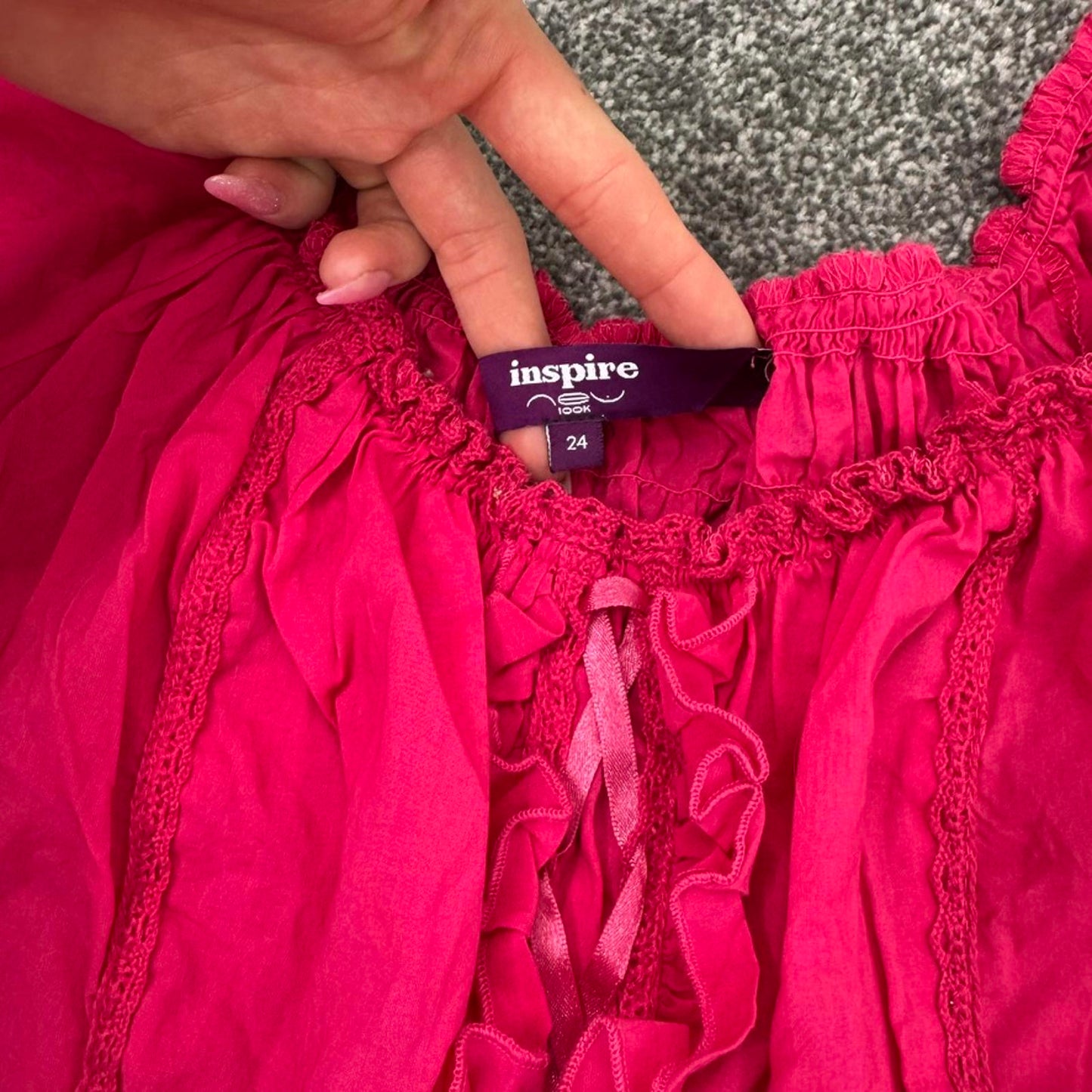 Y2K vintage stretchy milkmaid hot pink top cap sleeve lace up frill frilly