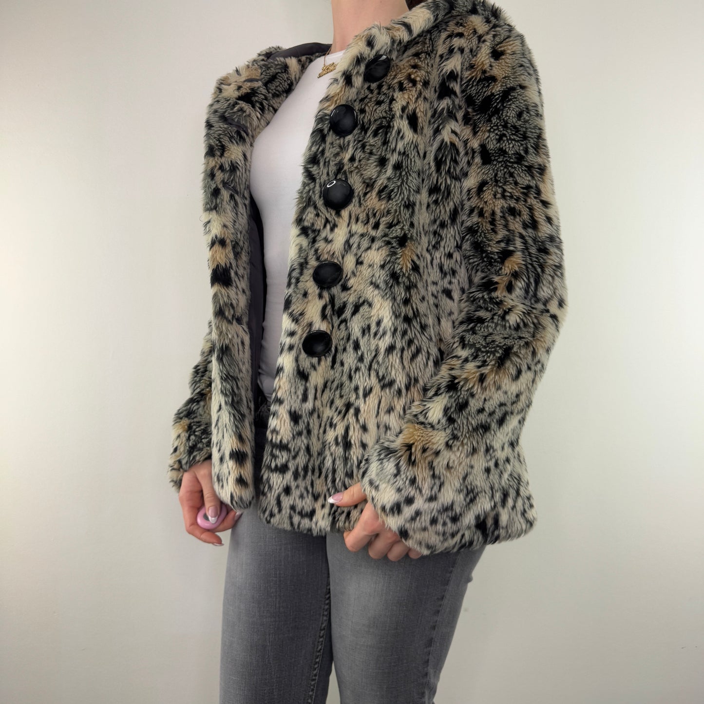 Y2K vintage faux fur coat leopard print button up hood oversized jacket