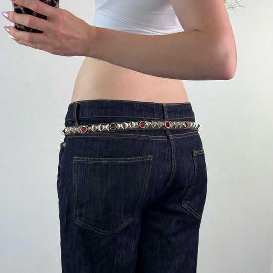 90s Y2K vintage genuine leather studded red gem rhinestone thin skinny belt