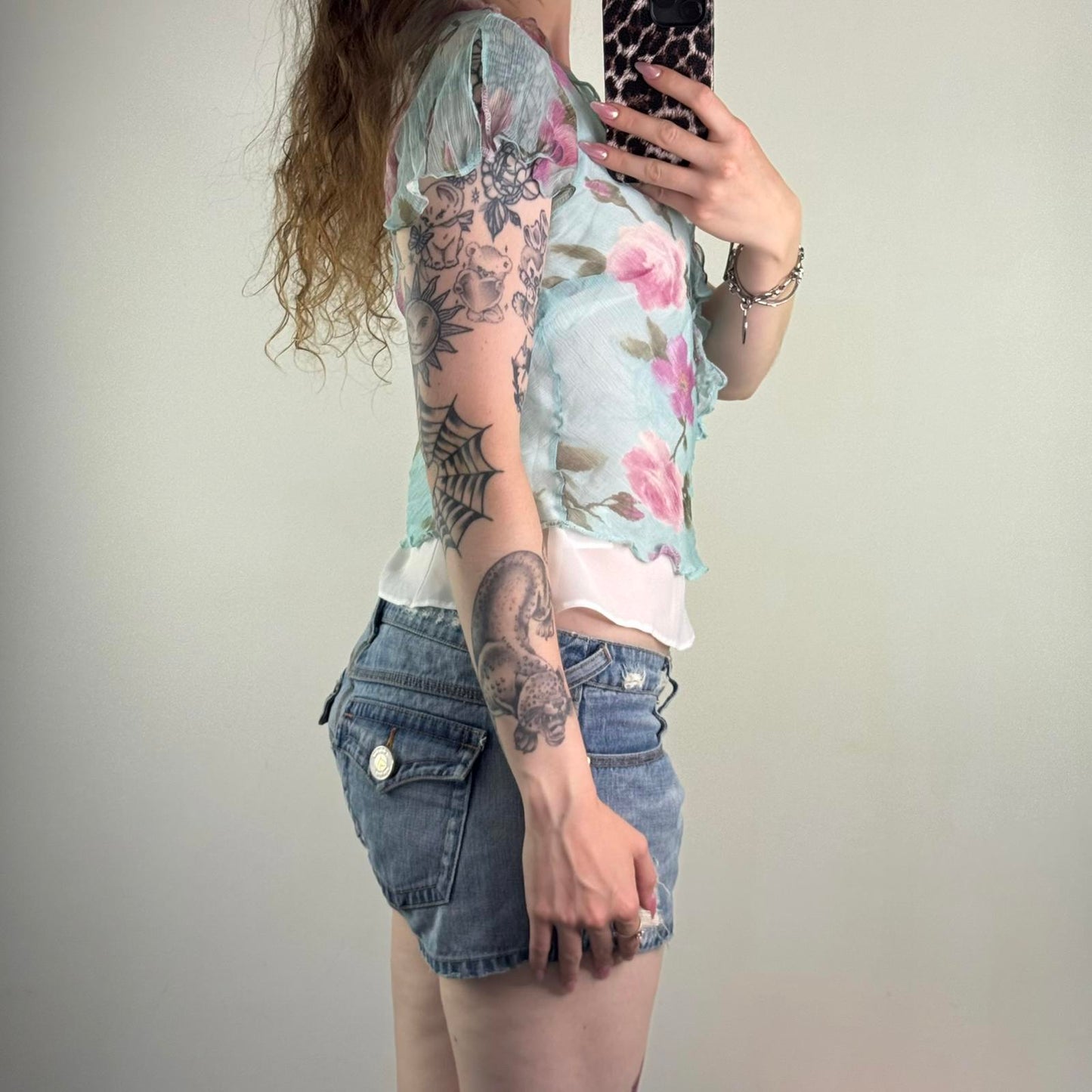 Y2K vintage 100% silk double layered blouse short sleeve blue pink floral rose