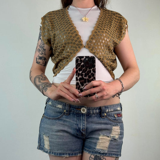 Y2K vintage cropped cardigan metal disc embellished short sleeve knitted beige