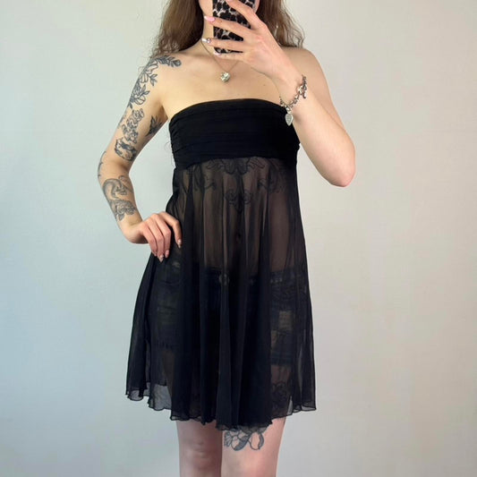 Y2K vintage strapless mesh longline top / mini dress tie back bow sheer ruched