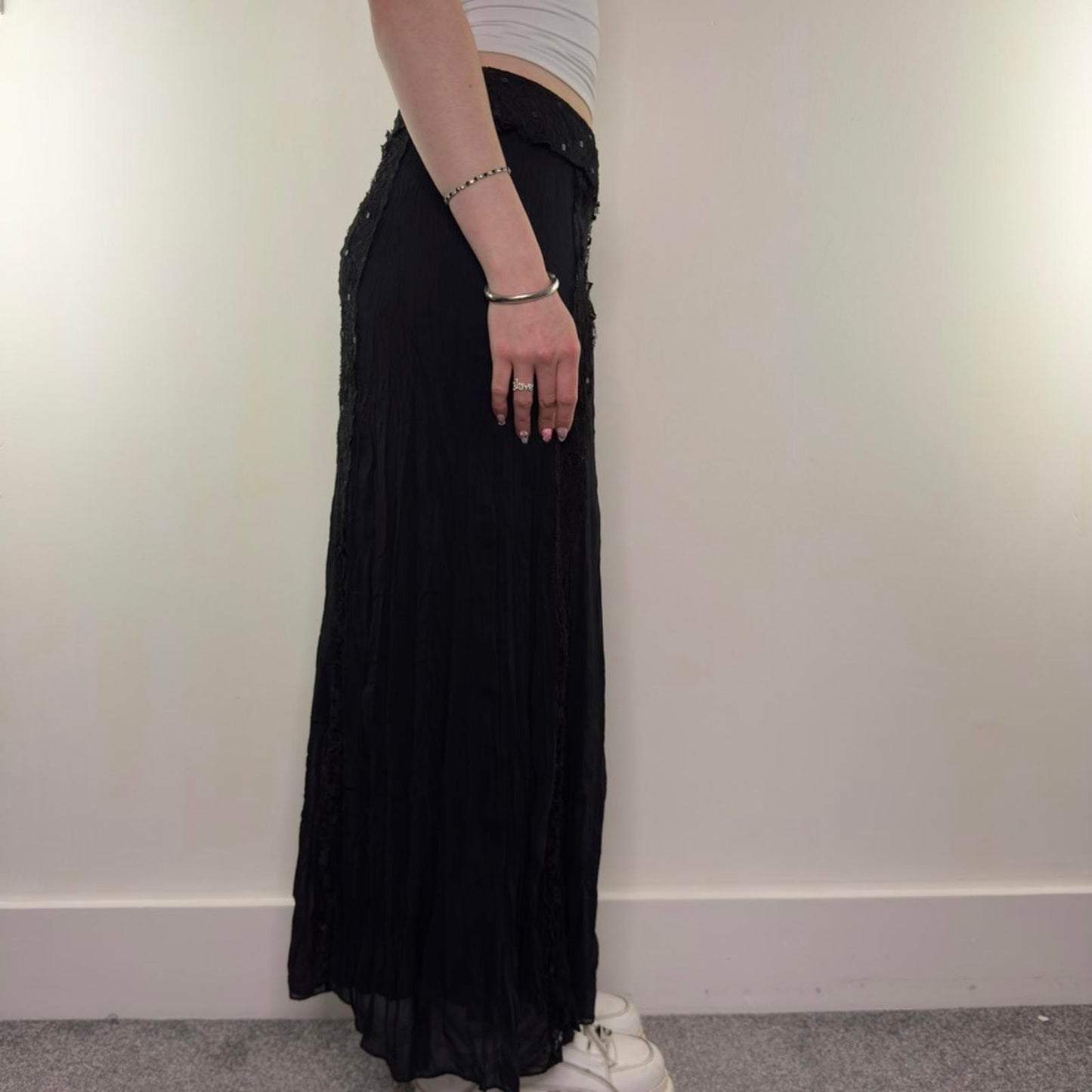 Y2K vintage lace stripe sequin trim maxi skirt double layer lightweight boho