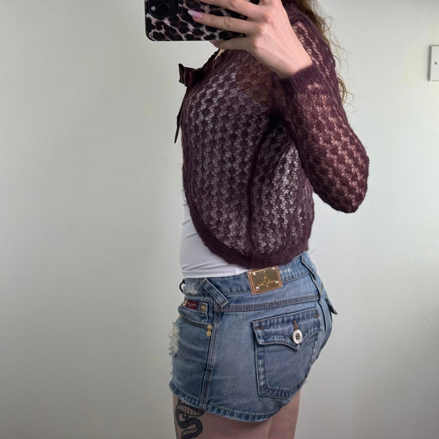 Y2K vintage knitted long sleeve short cardigan tie bow dark purple open front