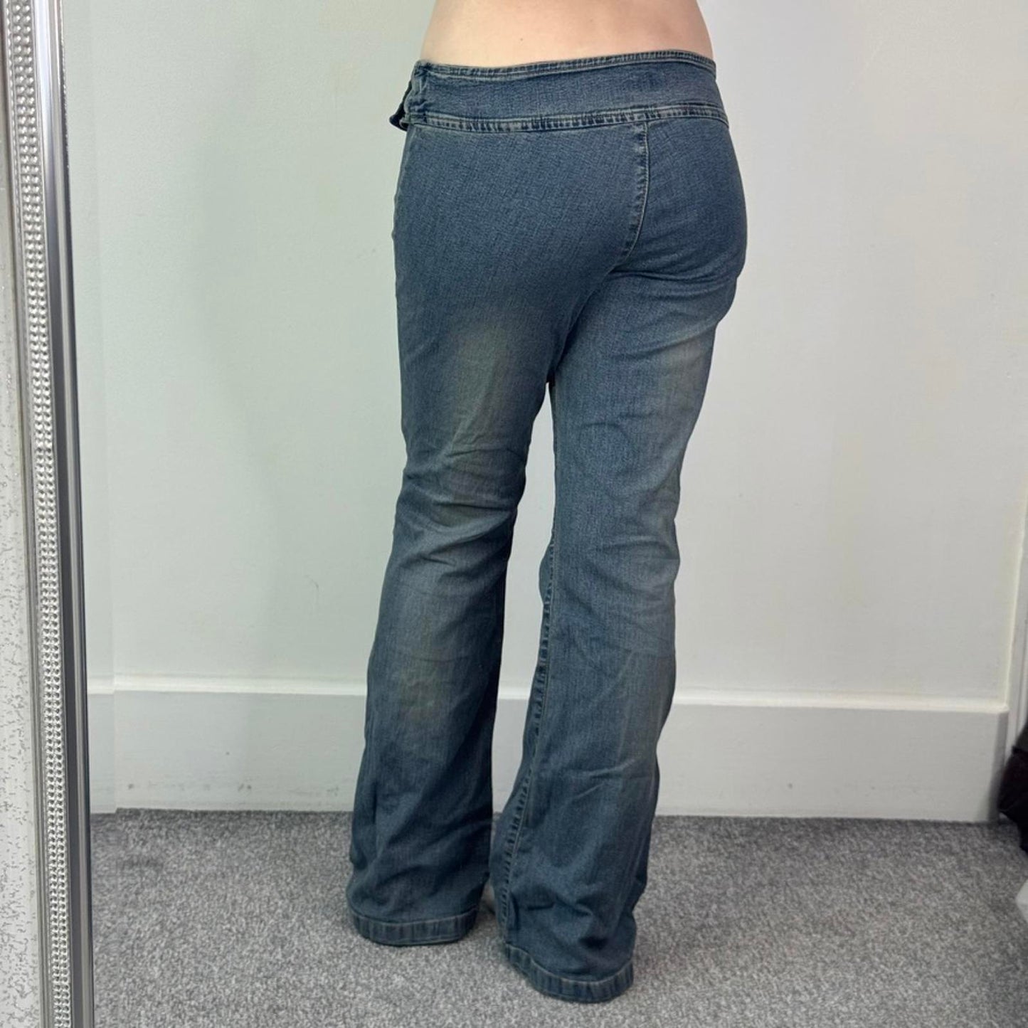 Y2K vintage stretchy low rise bootcut faded denim jeans popper studs belt