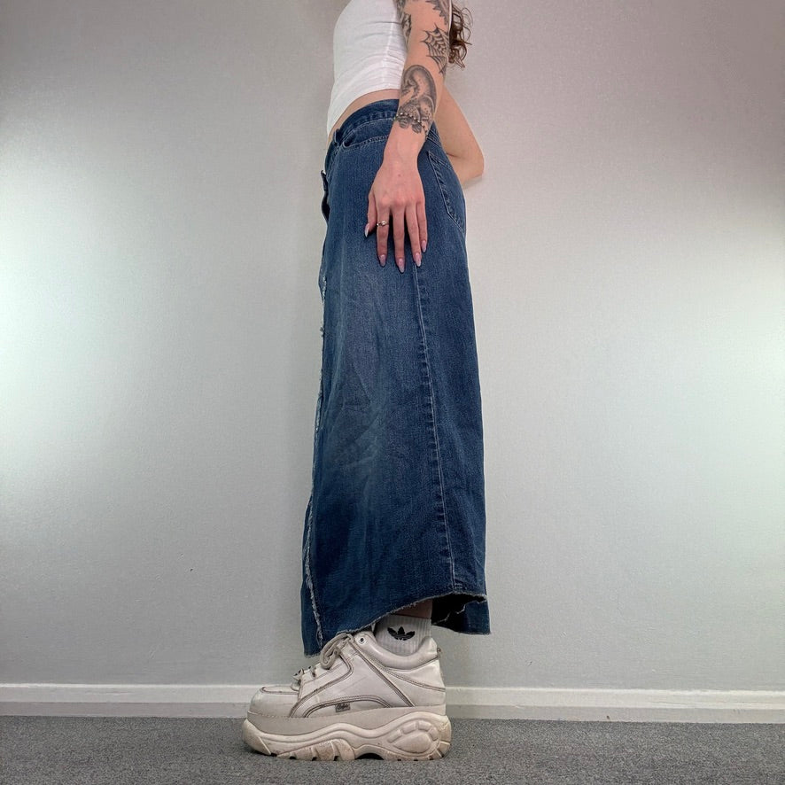 Y2K vintage denim reworked fraying hem maxi skirt