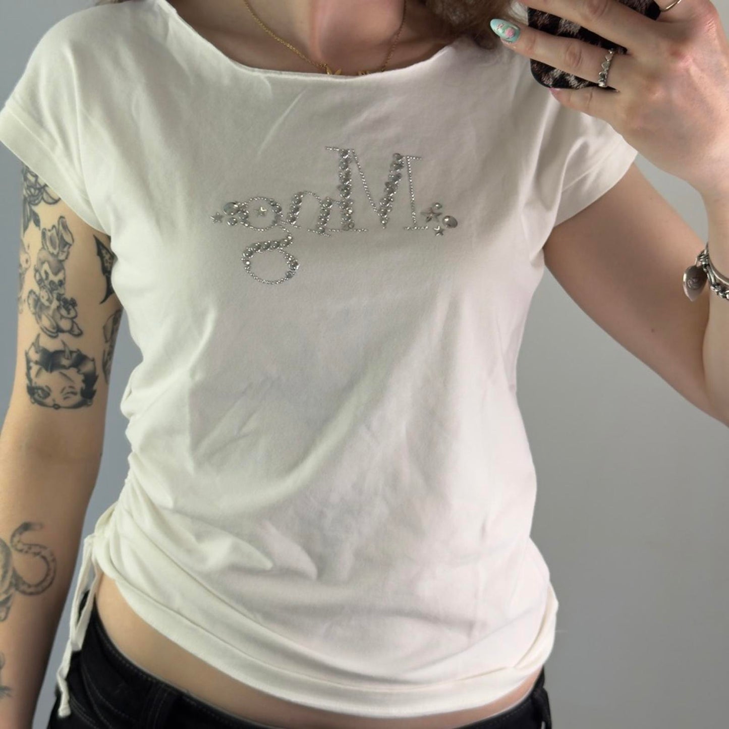 Y2K vintage slouchy off the shoulder studded star top ruched sided raw neckline