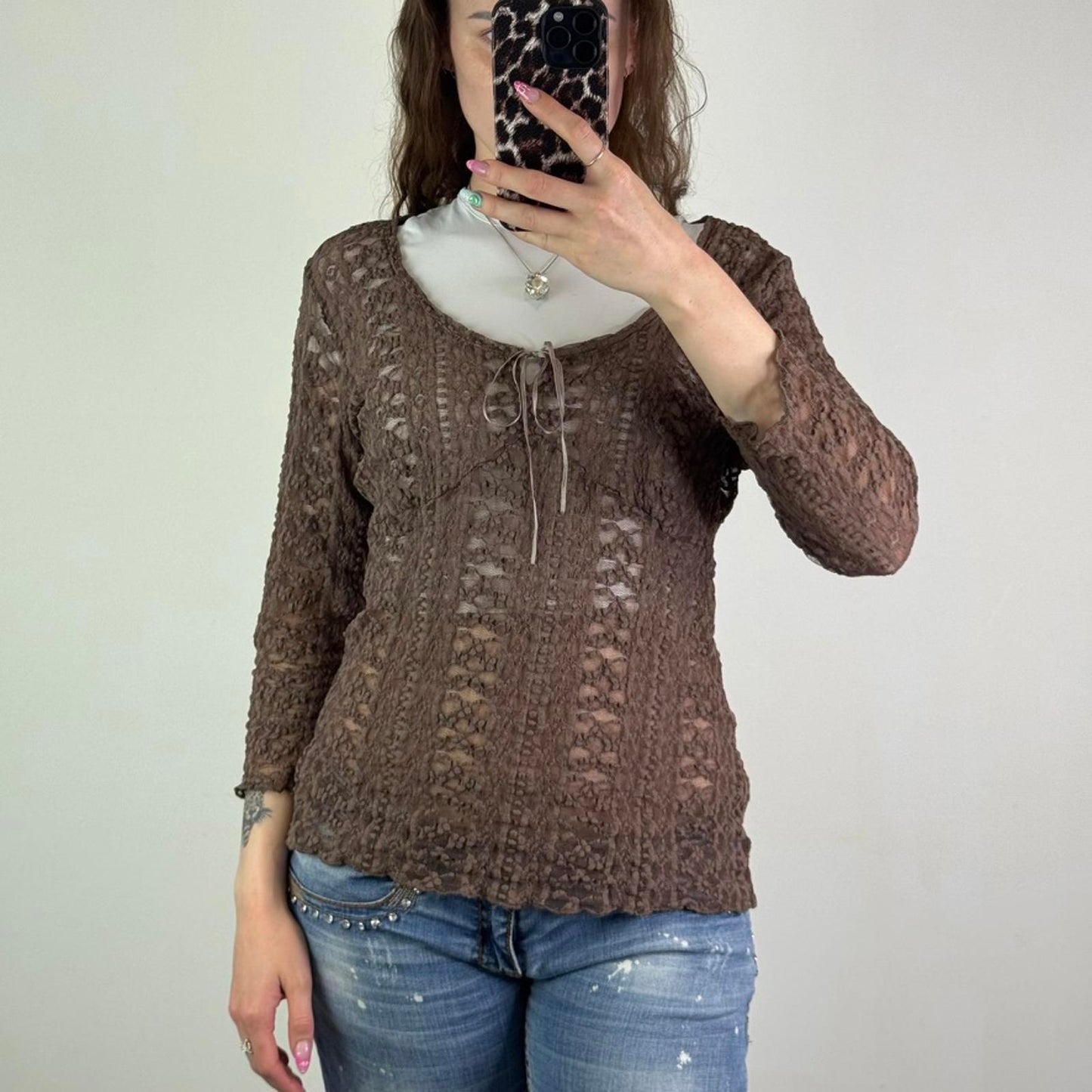 Y2K vintage mesh lace 3/4 sleeve top bust bow keyhole round deep neckline sheer