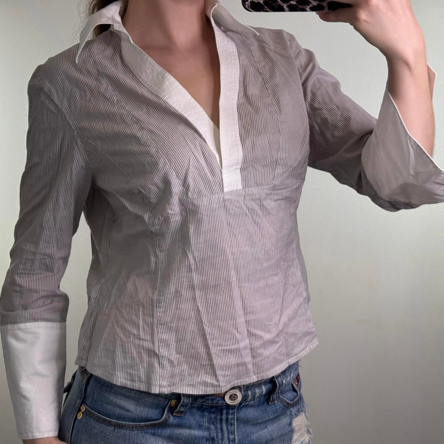 Y2K vintage pinstripe tailored fitted shirt blouse flare sleeve v neck stripe