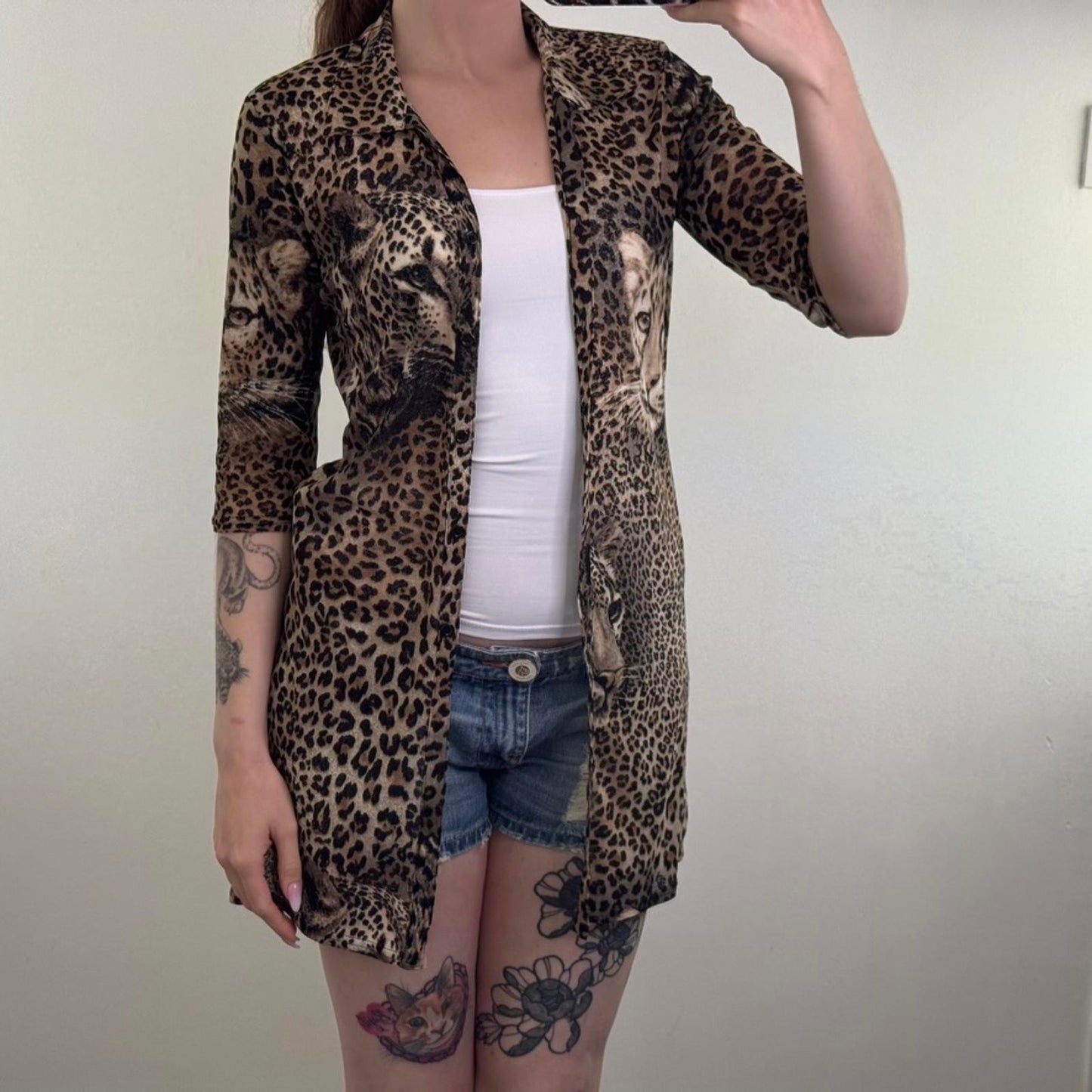 Y2K vintage mesh leopard print button up half sleeve cardigan long length v neck