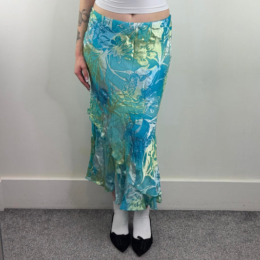 Y2K vintage silk blend floral ruffle maxi skirt stretchy waistband asymmetrical
