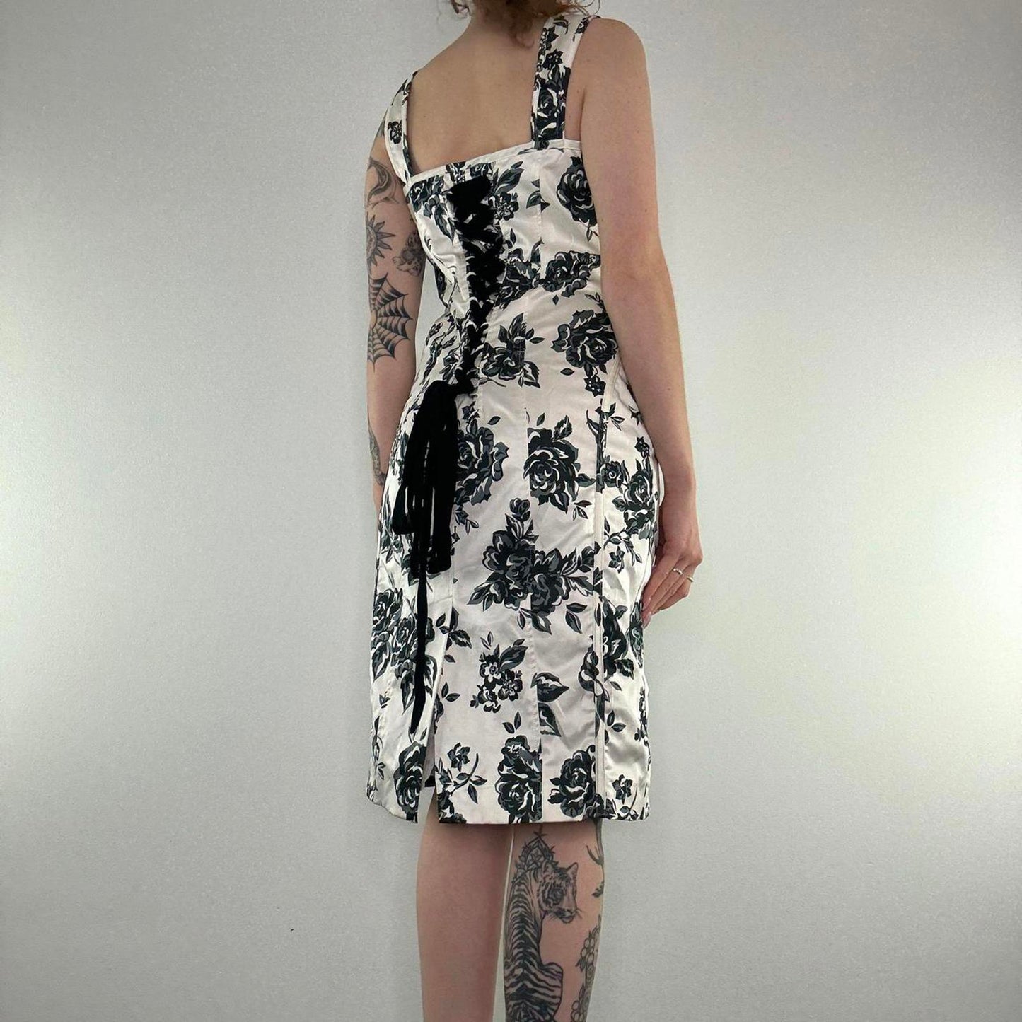 Y2K vintage rose lace up midi dress floral black white monochrome occasion