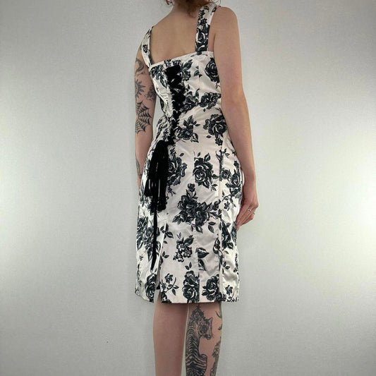 Y2K vintage rose lace up midi dress floral black white monochrome occasion