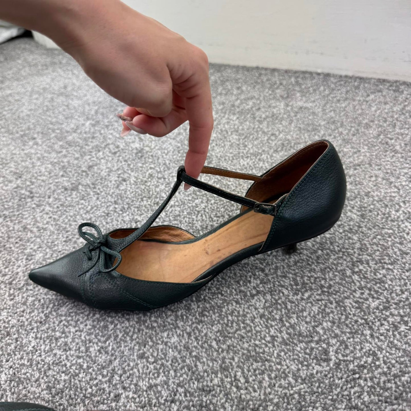 Y2K vintage genuine leather kitten heels pointed toe bow strappy dark green