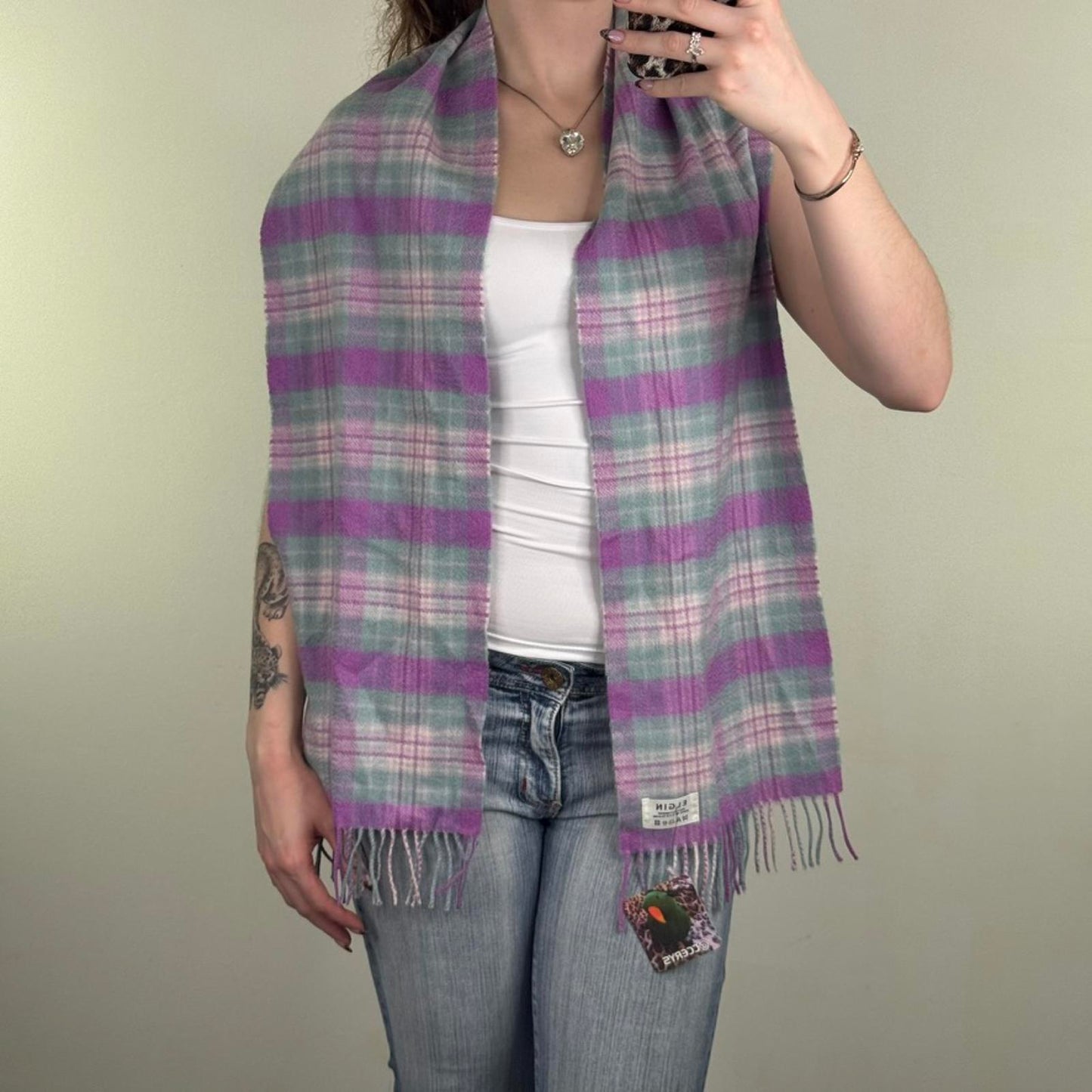 Y2K vintage pure cashmere scarf plaid tartan pastel purple blue fringe