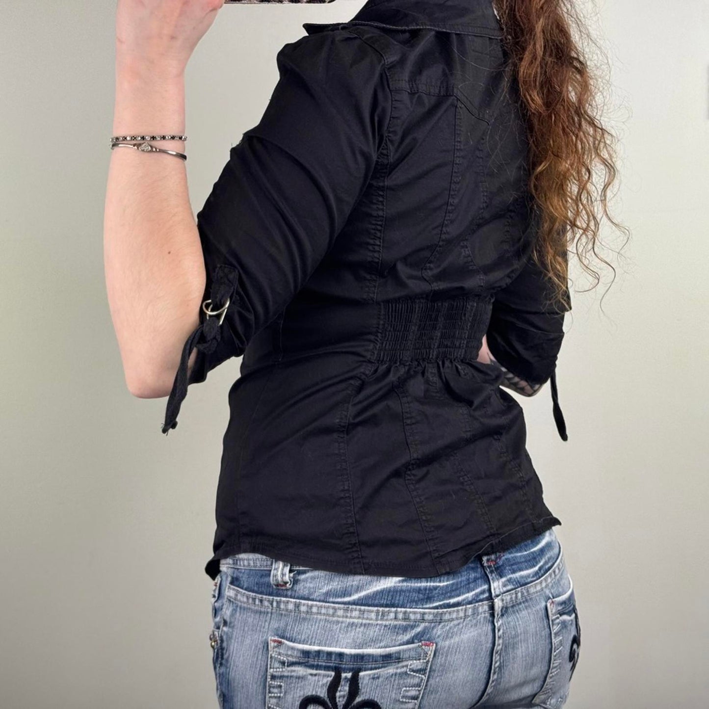 Vintage Jane Norman button up shirt 3/4 sleeve popper v neck fitted black buckle