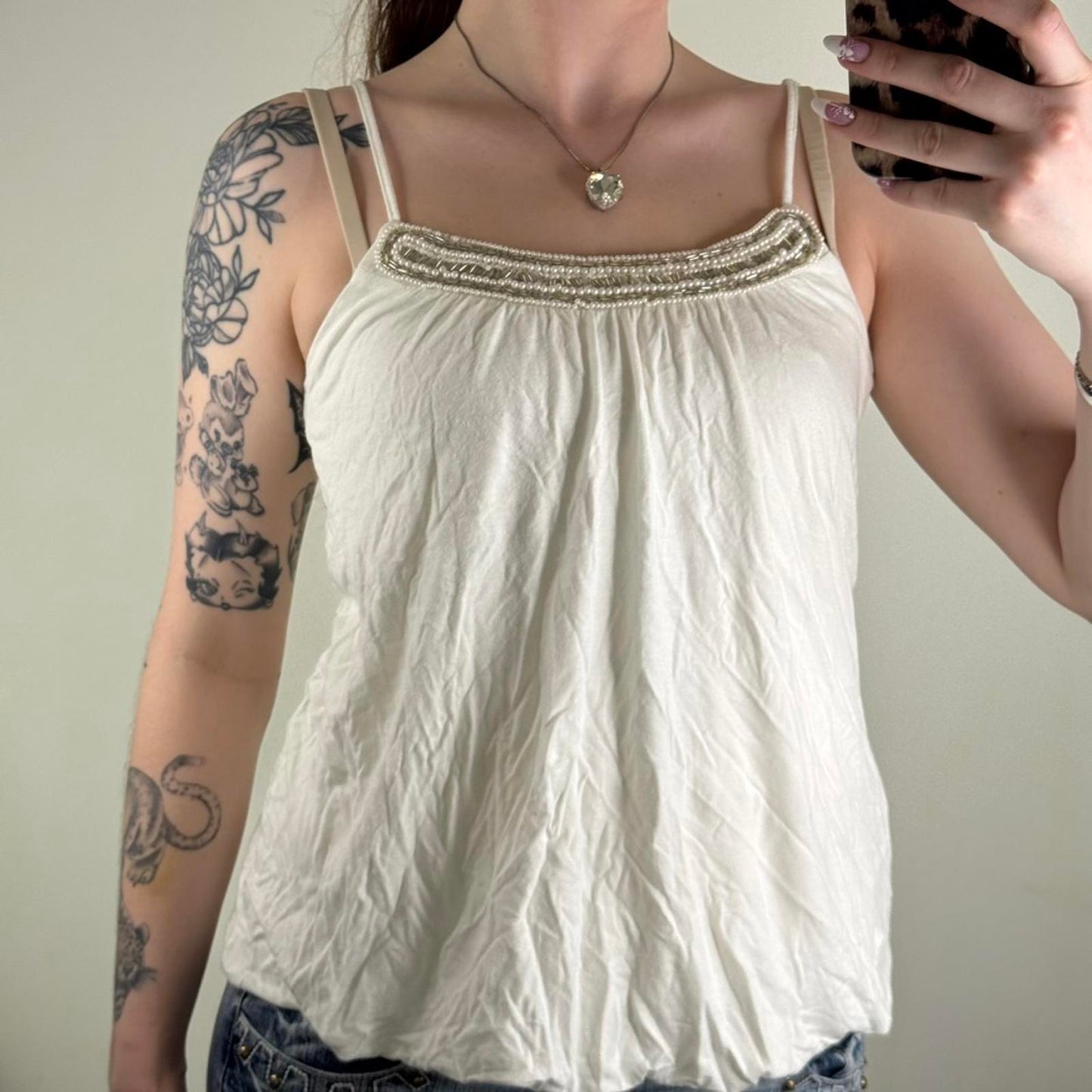 Y2K vintage cami top peplum beaded sequin embellished strappy white summer