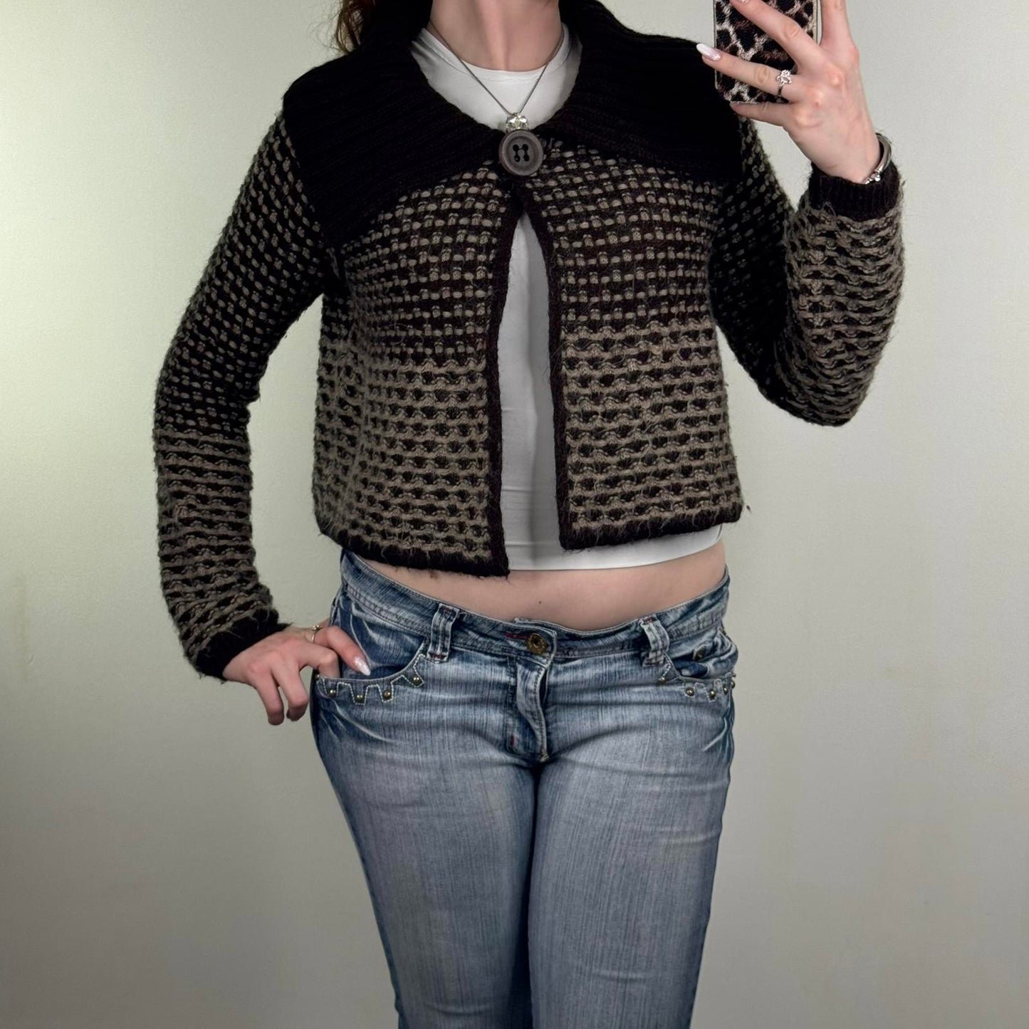 Y2K vintage Next mohair wool blend button up cardigan pea coat brown pattern