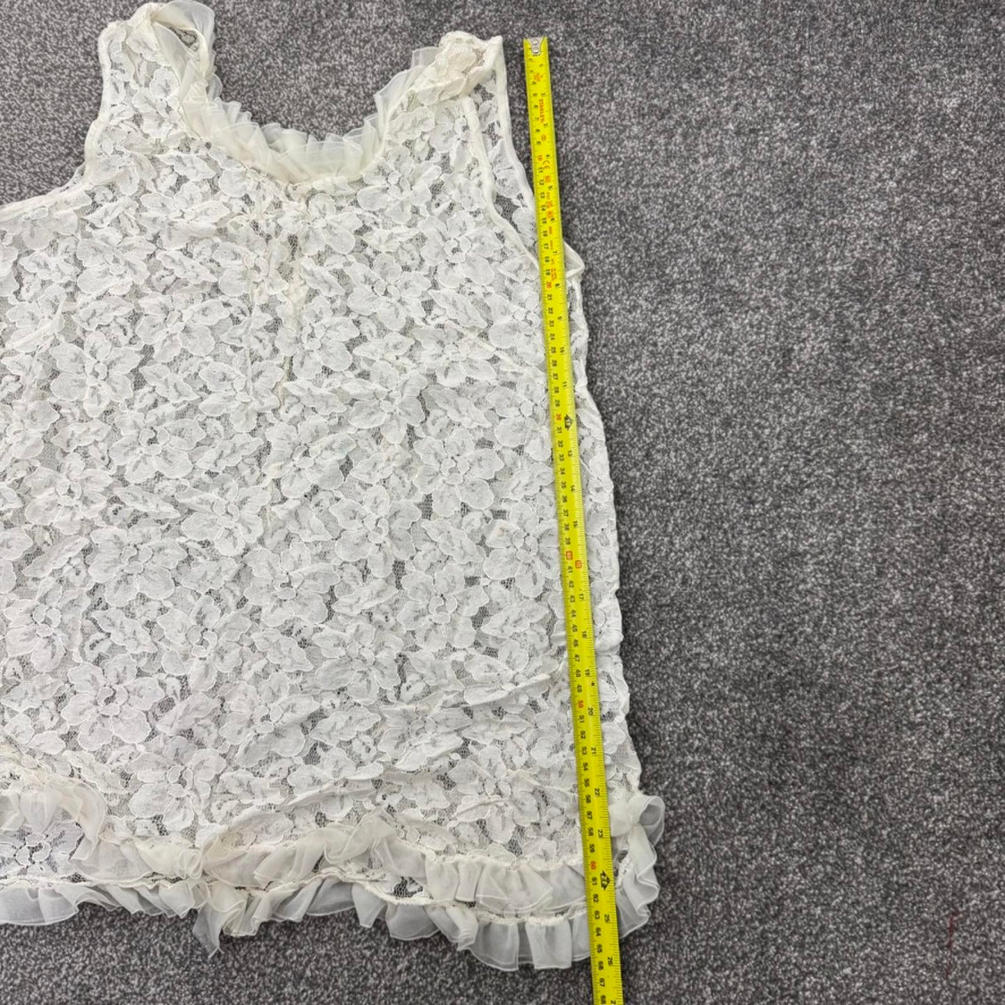 True vintage lace sheer long blouse sleeveless ruffle hem floral white coquette