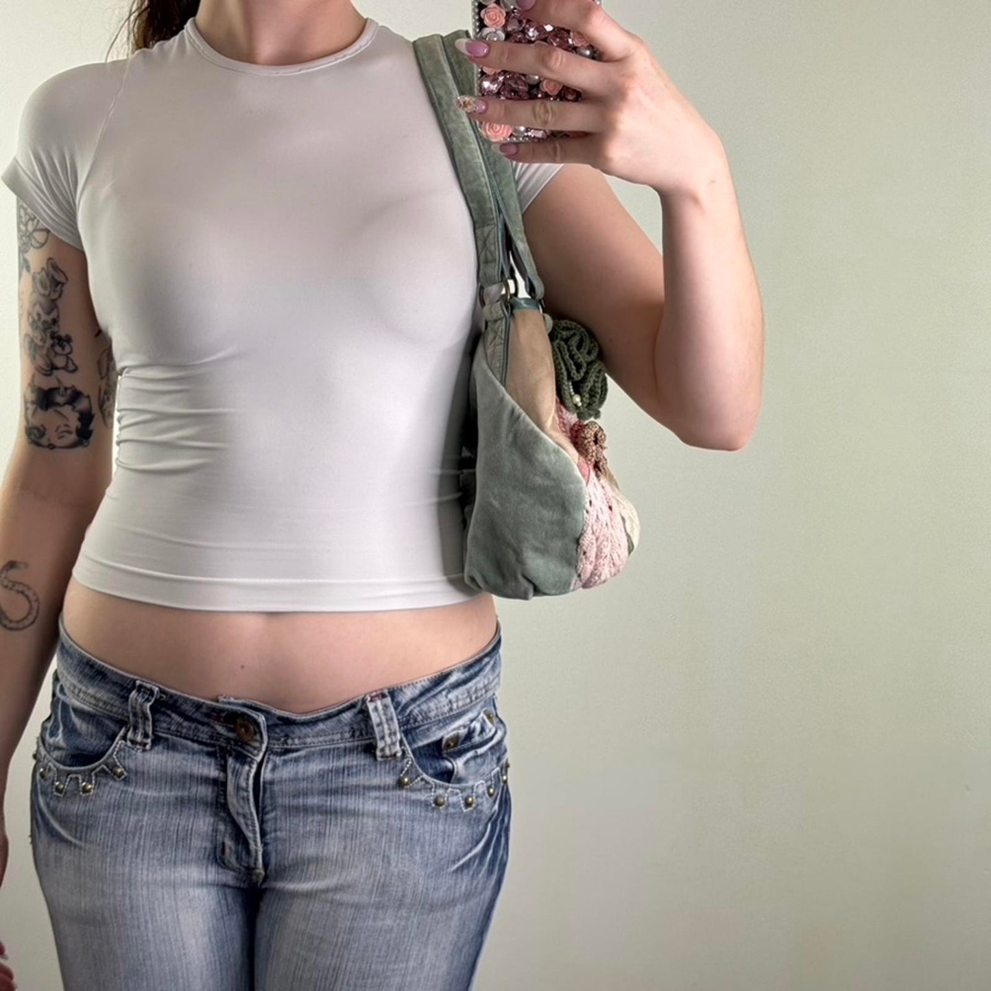 Y2K vintage patchwork shoulder bag crochet knit lace floral velour pastel multi