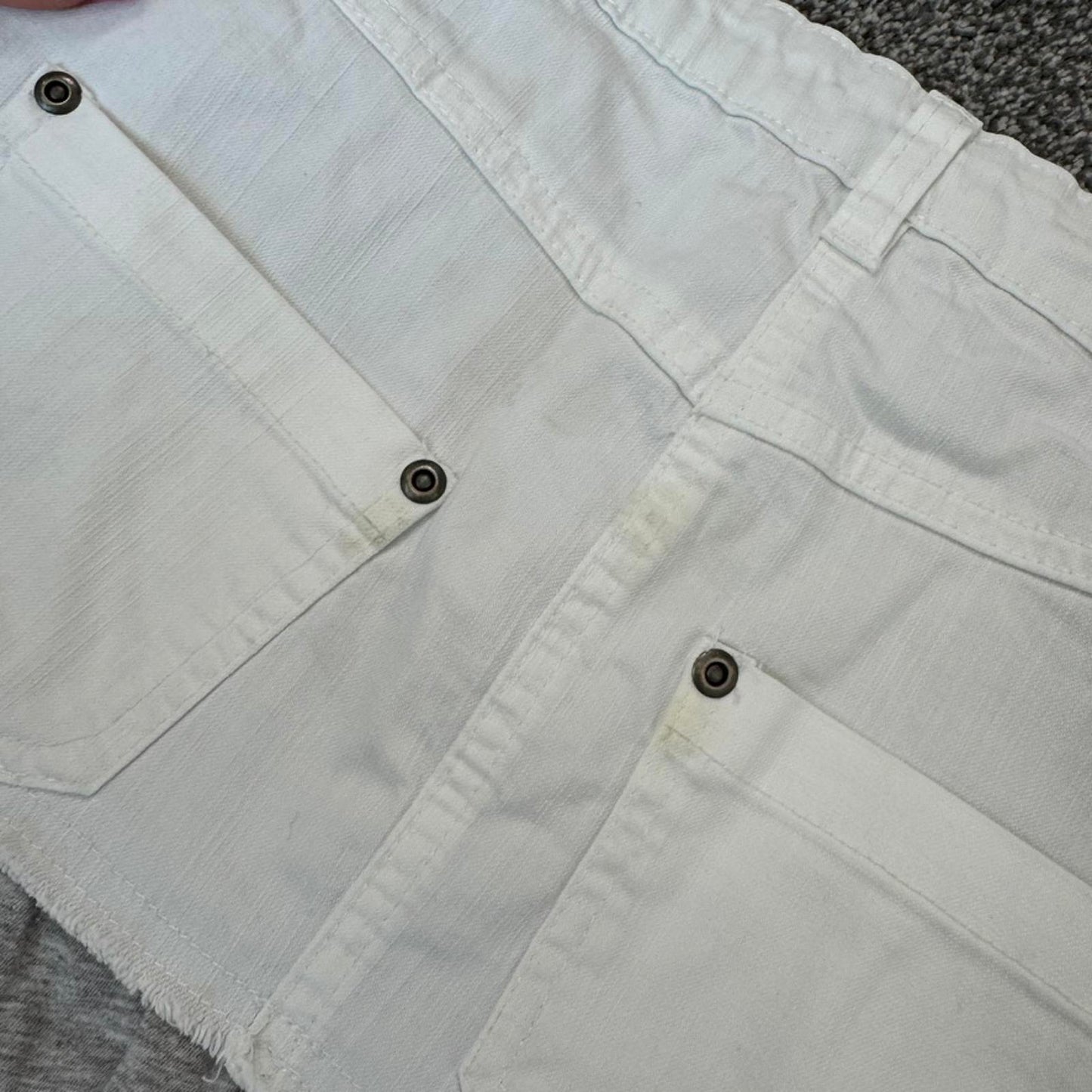 Y2K vintage low rise frilly mini skirt stretchy white denim grey jersey XS