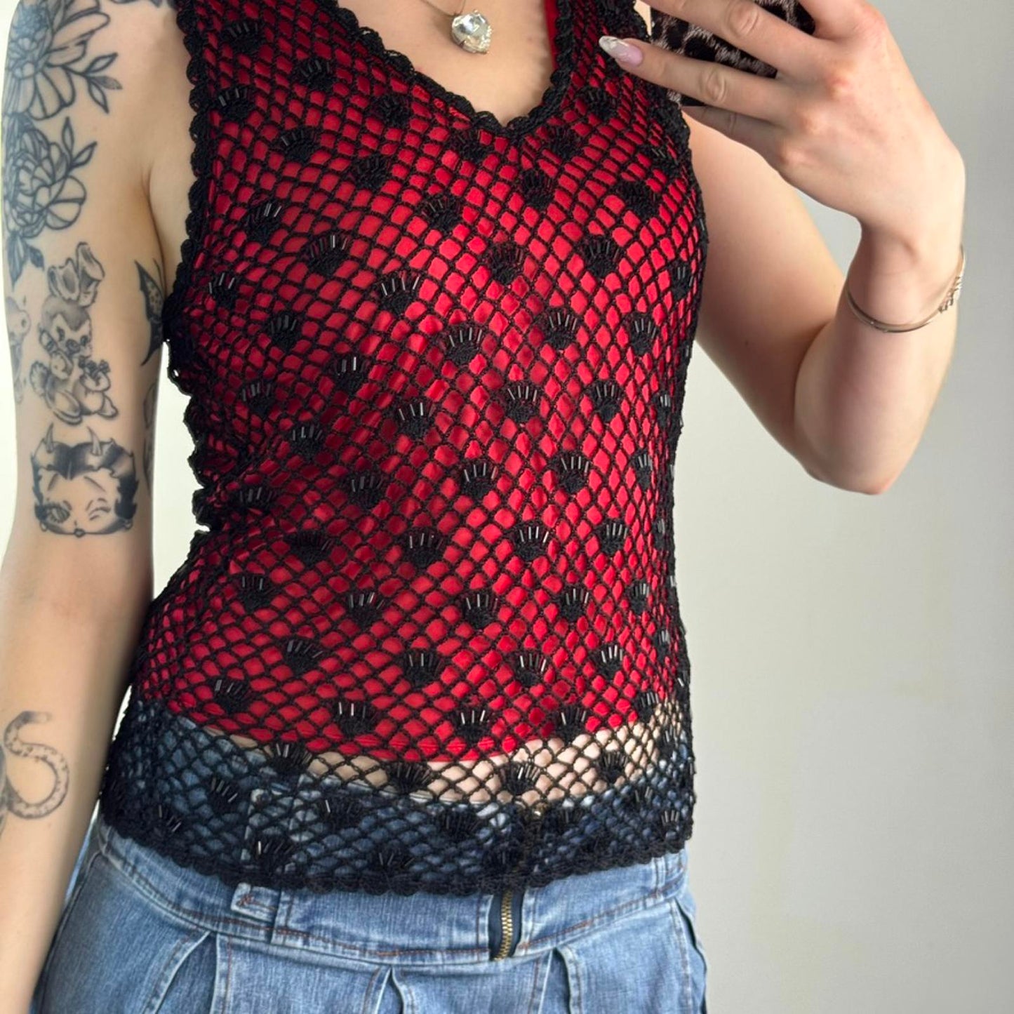 Y2K vintage crochet beaded tank top double layer red black v neck scallop hem