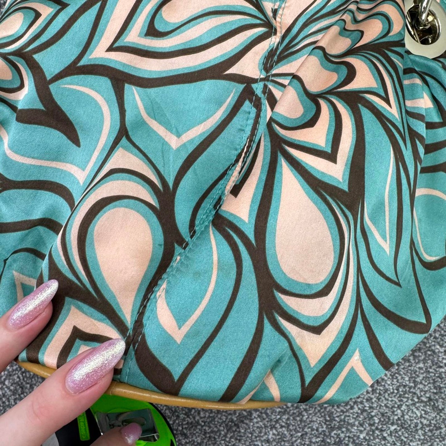 Y2K vintage 100% silk abstract pattern shoulder bag circle base small mini blue