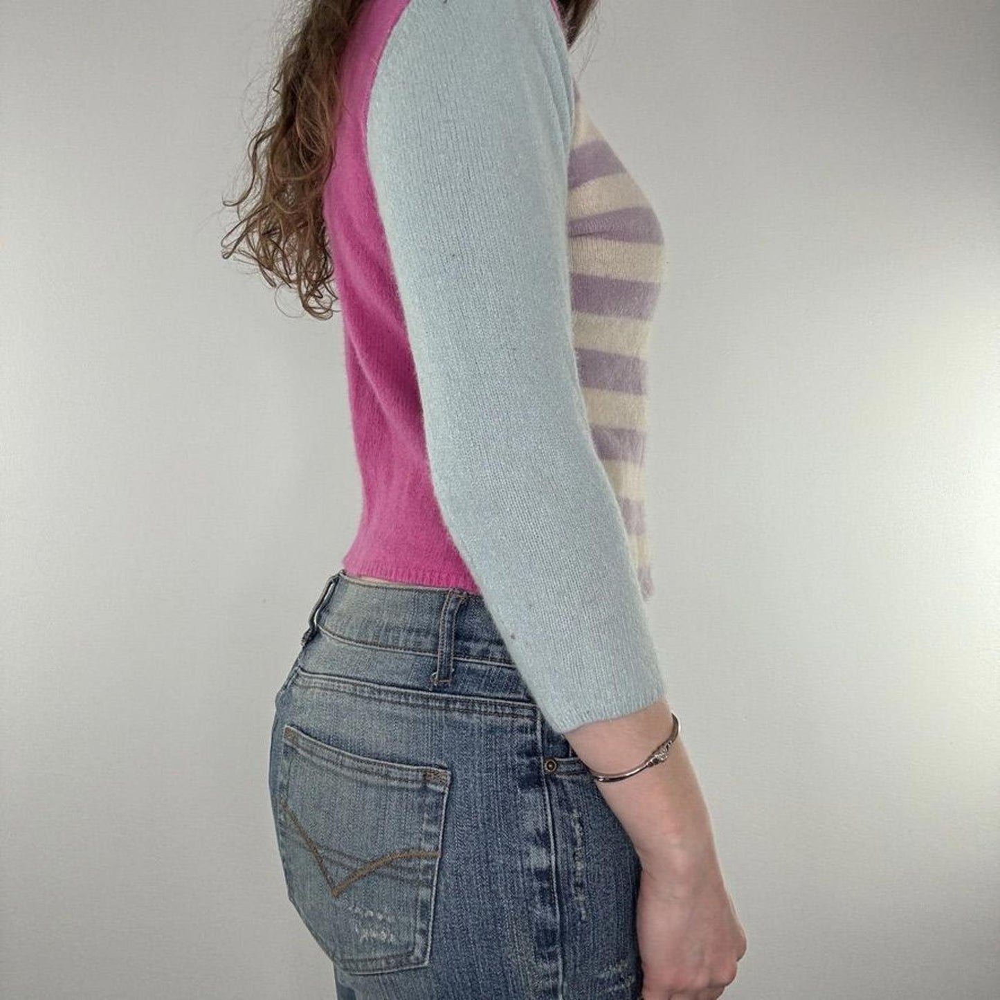 Y2K vintage wool stripe cherry jumper pastel block colours 3/4 sleeve knit