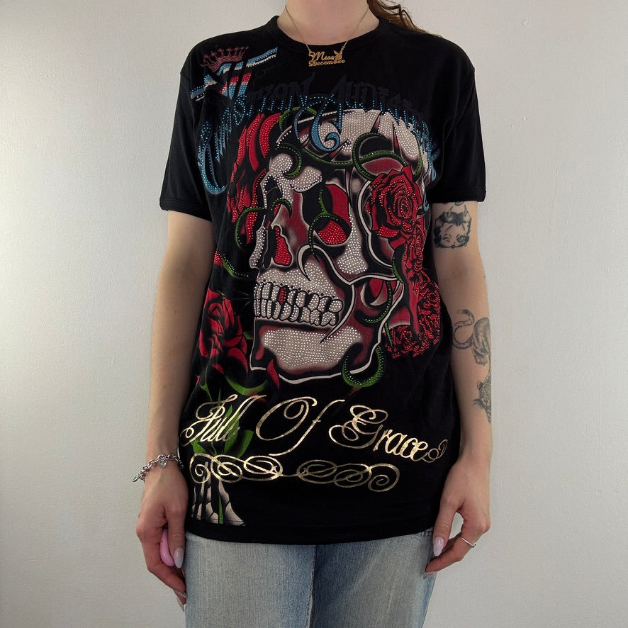 Y2K Christian Audigier rhinestone skull t shirt top