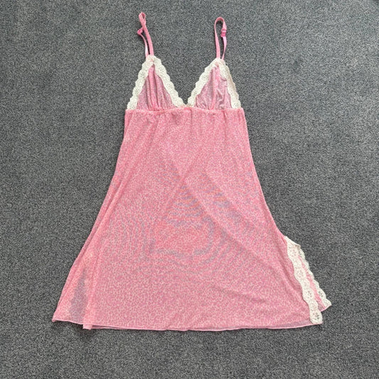 Y2K vintage sheer mesh leopard print nightie slip dress lace trim nightdress