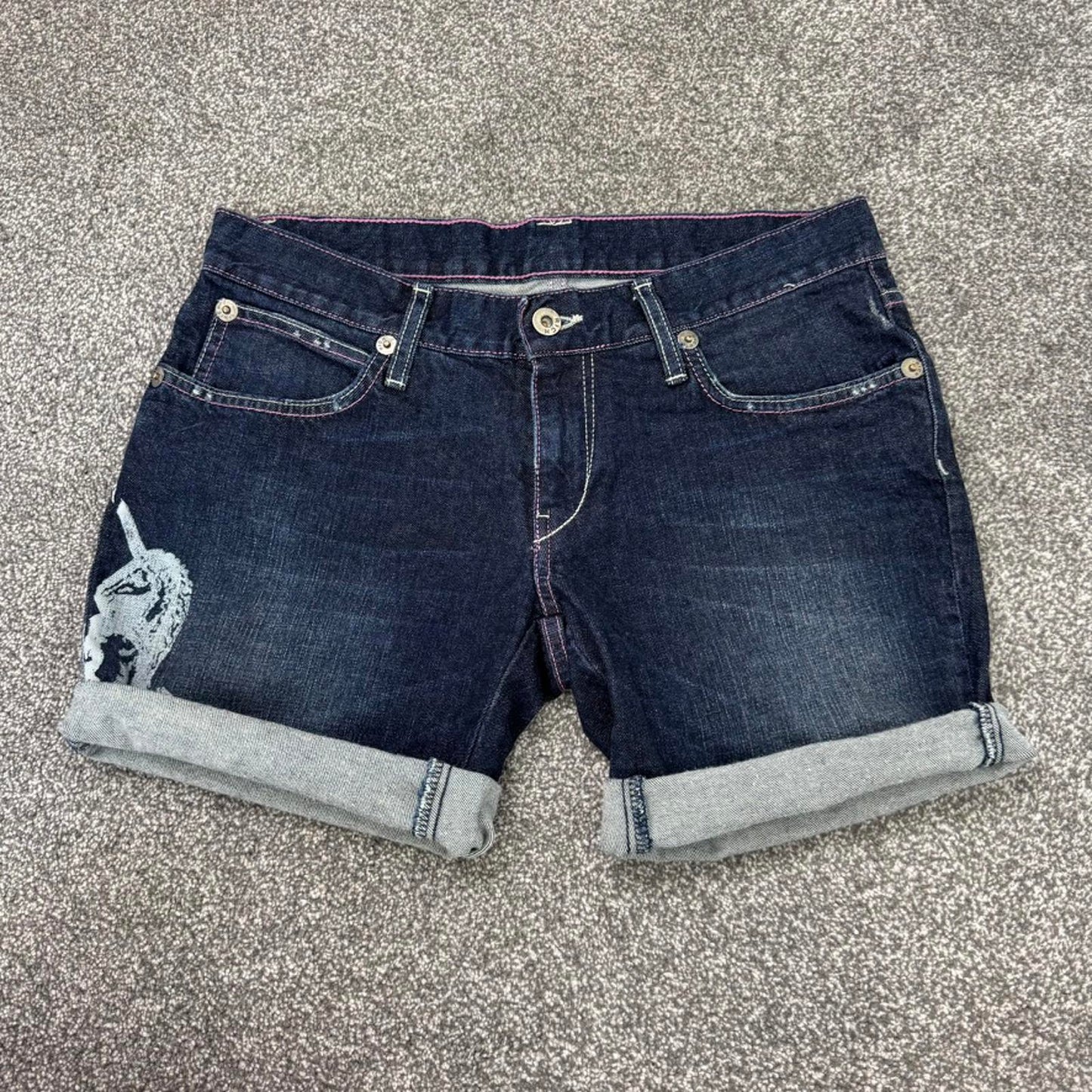Y2K vintage low rise denim mini shorts turned up navy pink contrast stitching