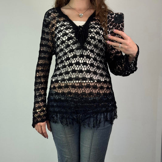Y2K vintage crochet long flare sleeve jumper sheer knit v neck tassel lace up