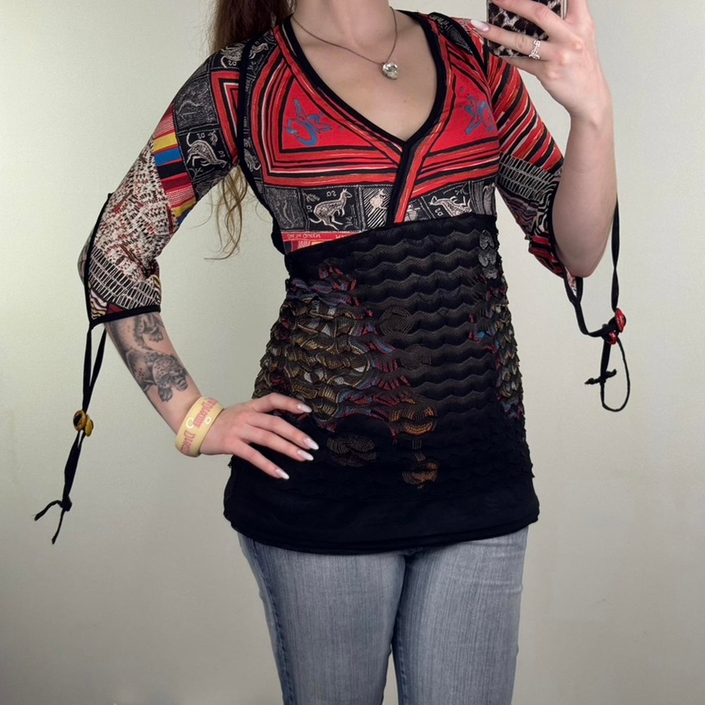 Y2K vintage Save The Queen top 3/4 sleeve top Australia aboriginal print mesh