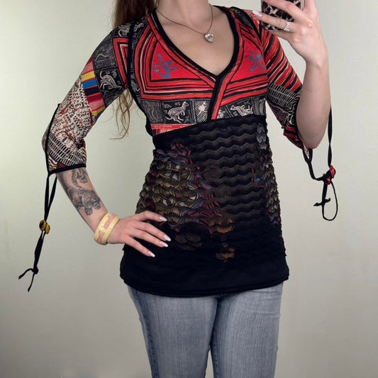 Y2K vintage Save The Queen top 3/4 sleeve top Australia aboriginal print mesh