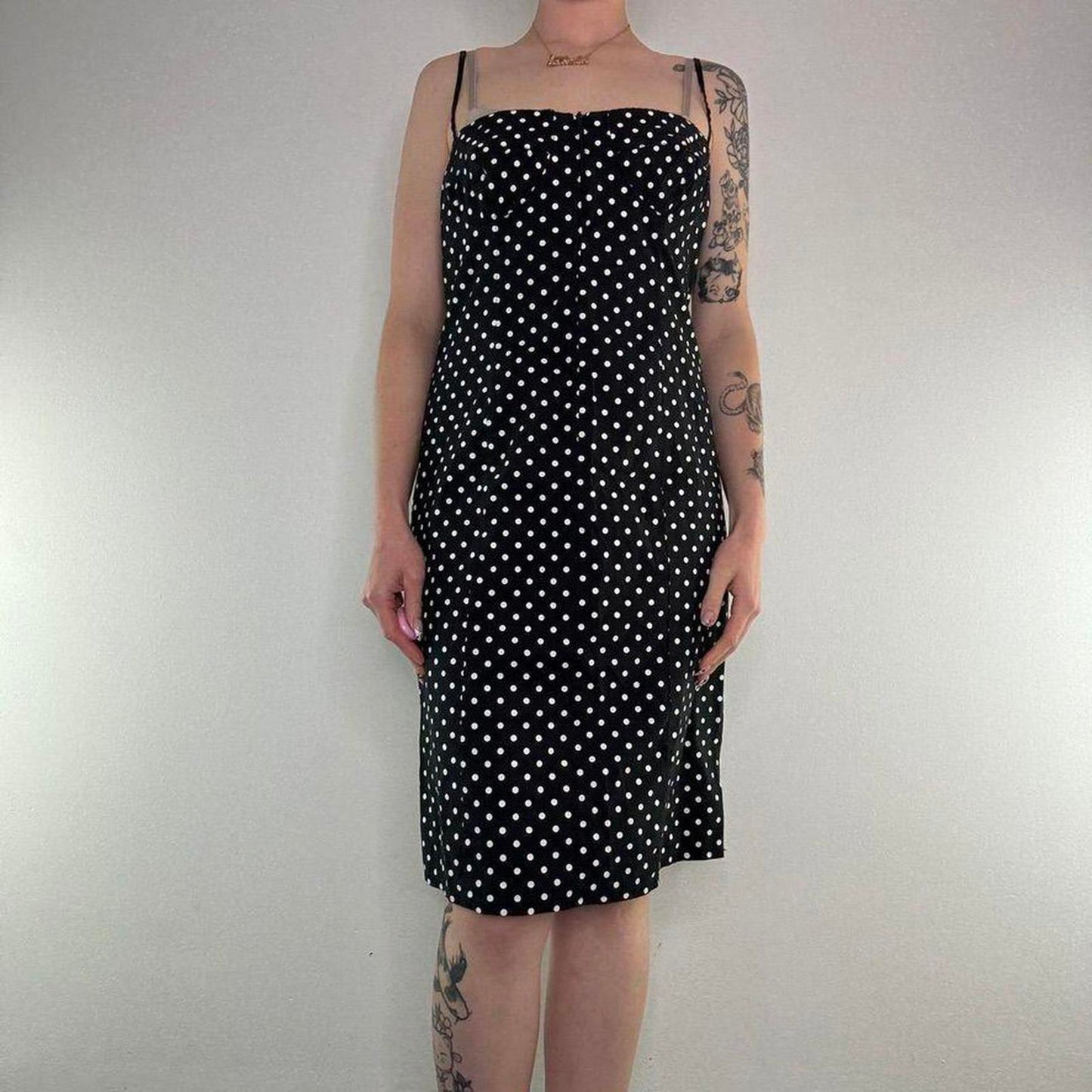 Y2K vintage polka dot zip up bust midi dress stretchy knee length square neck