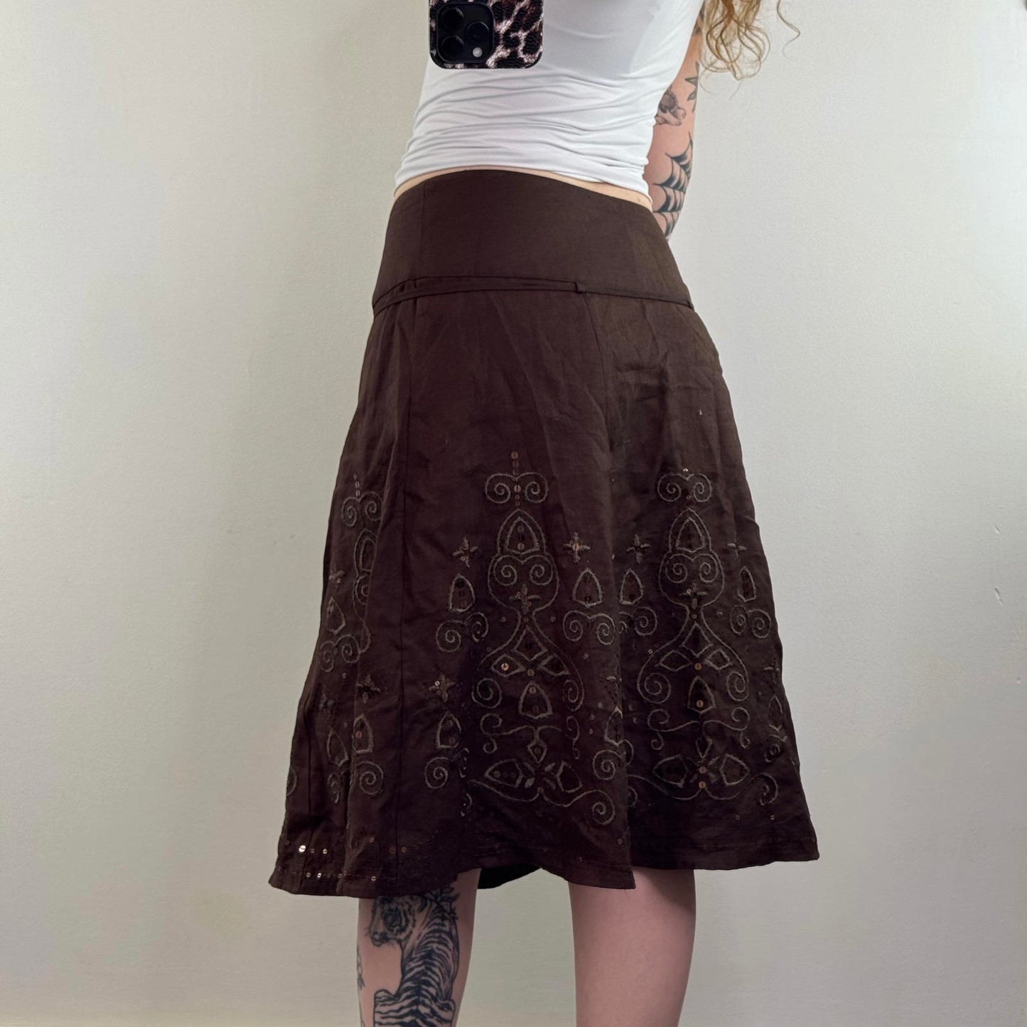 Y2K vintage 100% pure linen a line midi skirt sequin embroidered pattern bow
