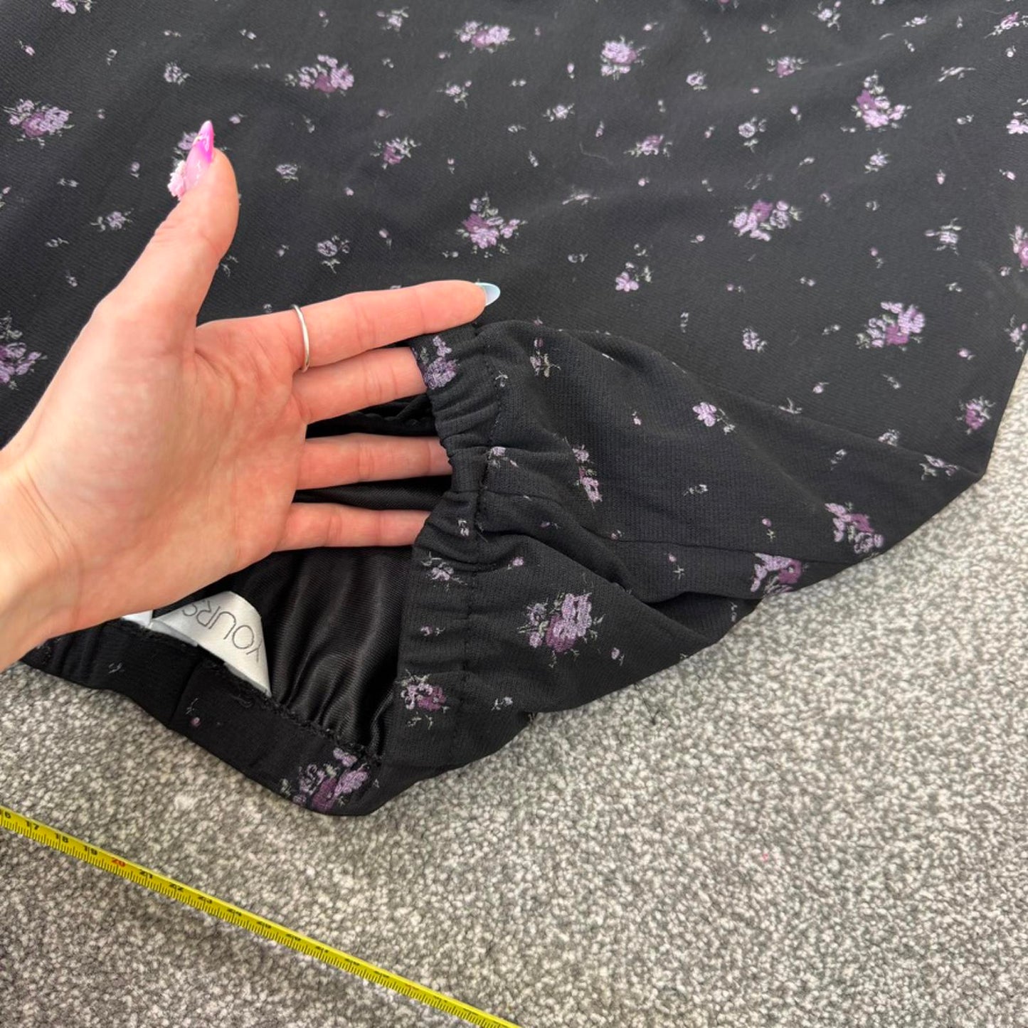 Y2K vintage black ditsy lilac floral double mesh overlay maxi skirt lettuce hem