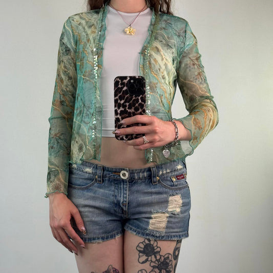 Y2K vintage mesh floral print open front cardigan long sleeve sequin
