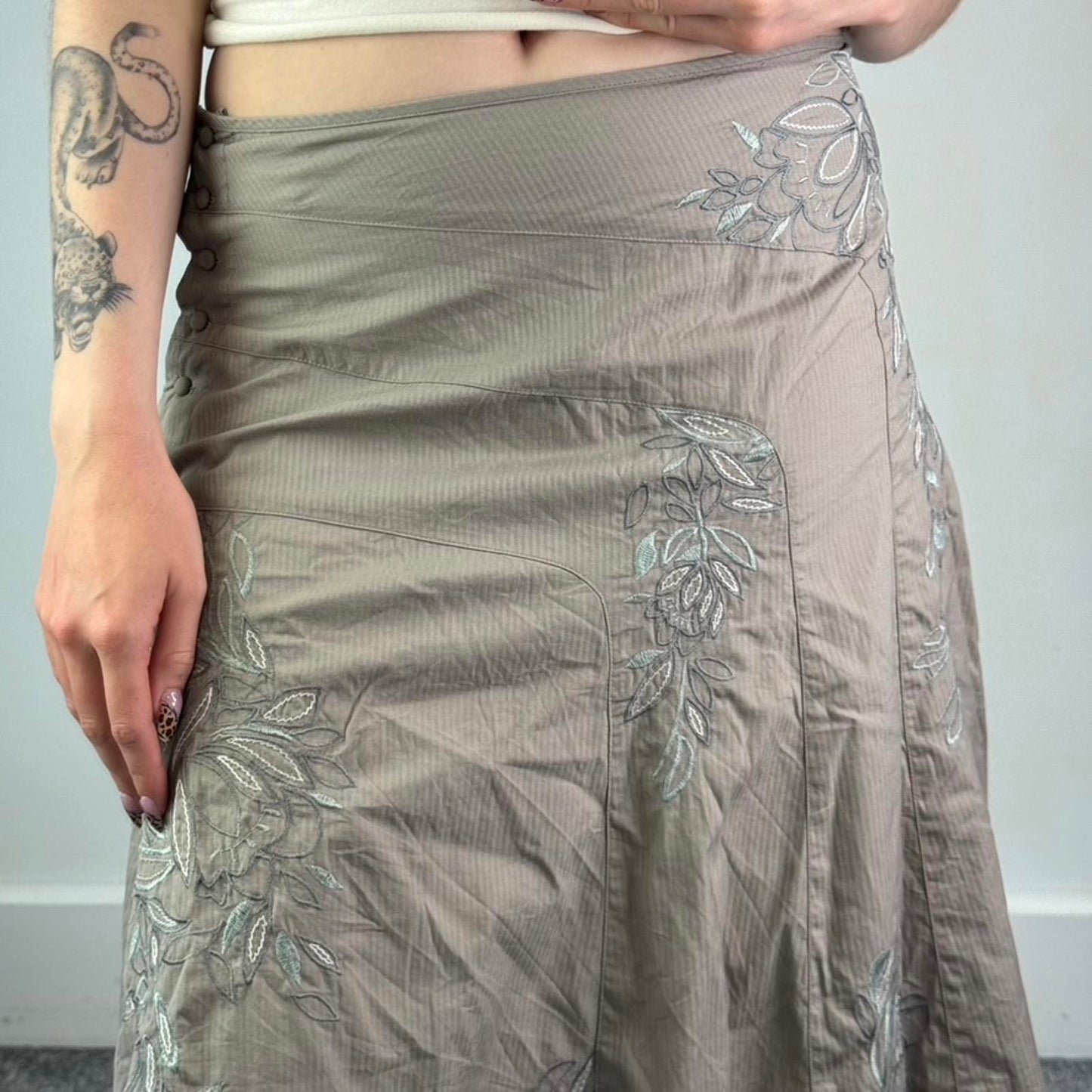 Y2K vintage stripe floral embroidered midi skirt a line button up 100% cotton