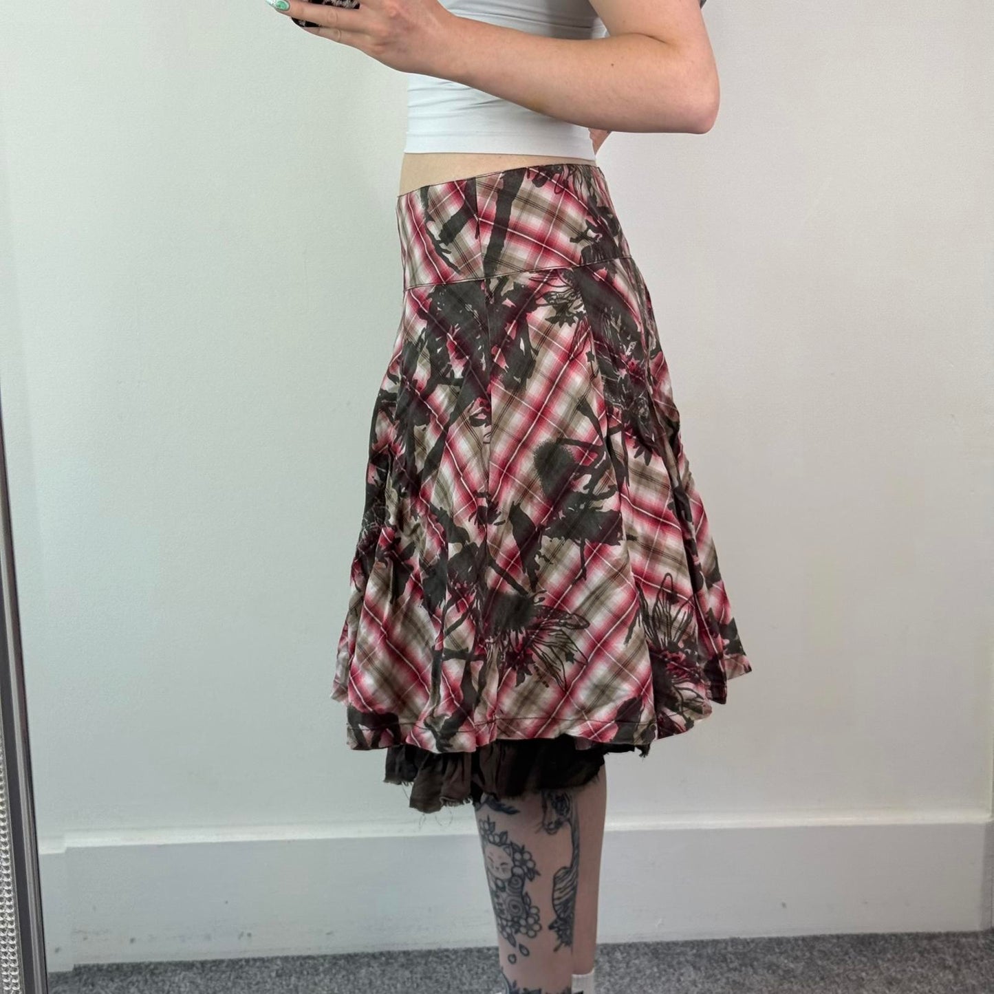 Y2K vintage O'Neill tartan floral midi skirt sequin brown red white a line XL