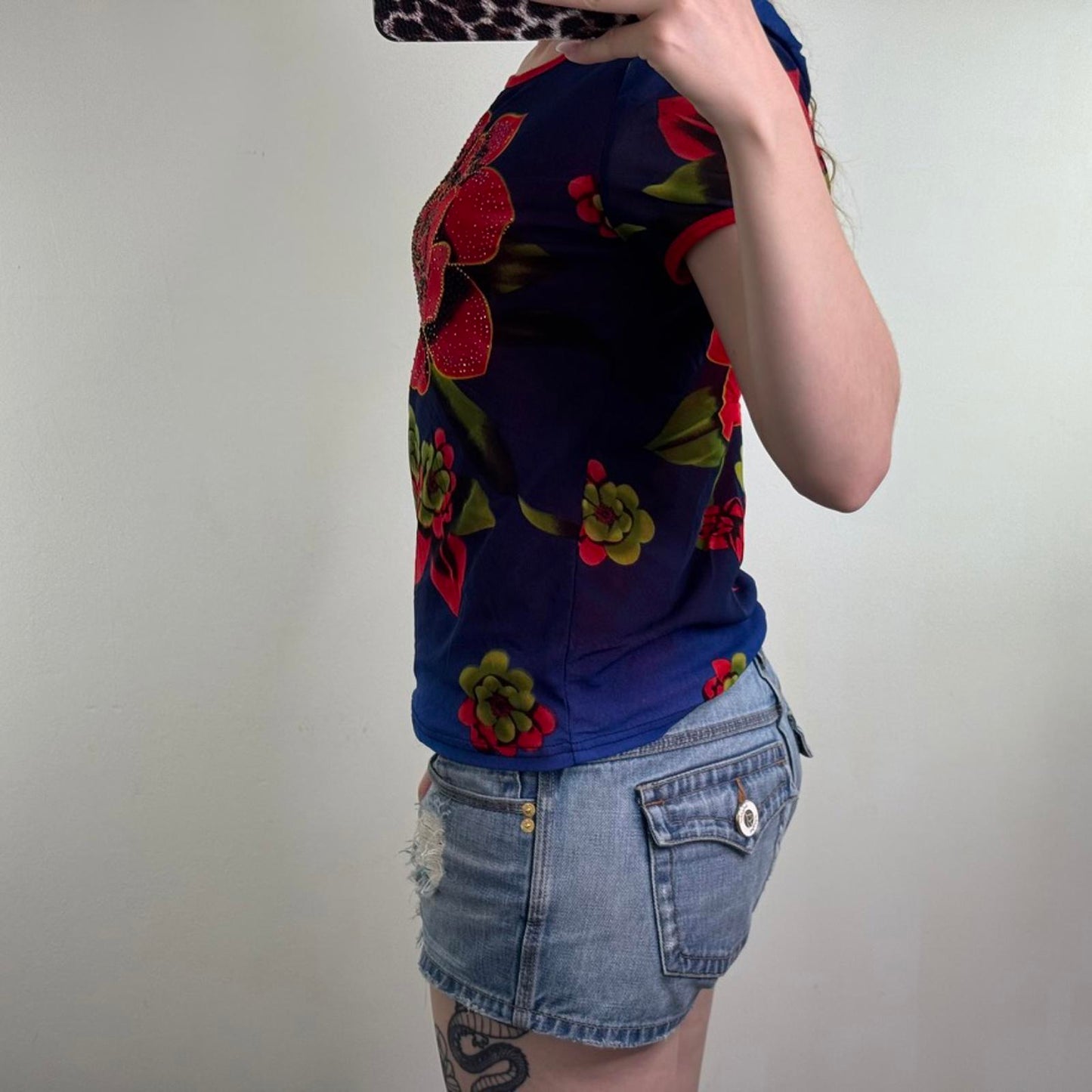 Y2K vintage double mesh stretchy t shirt top rose floral studded puff sleeve