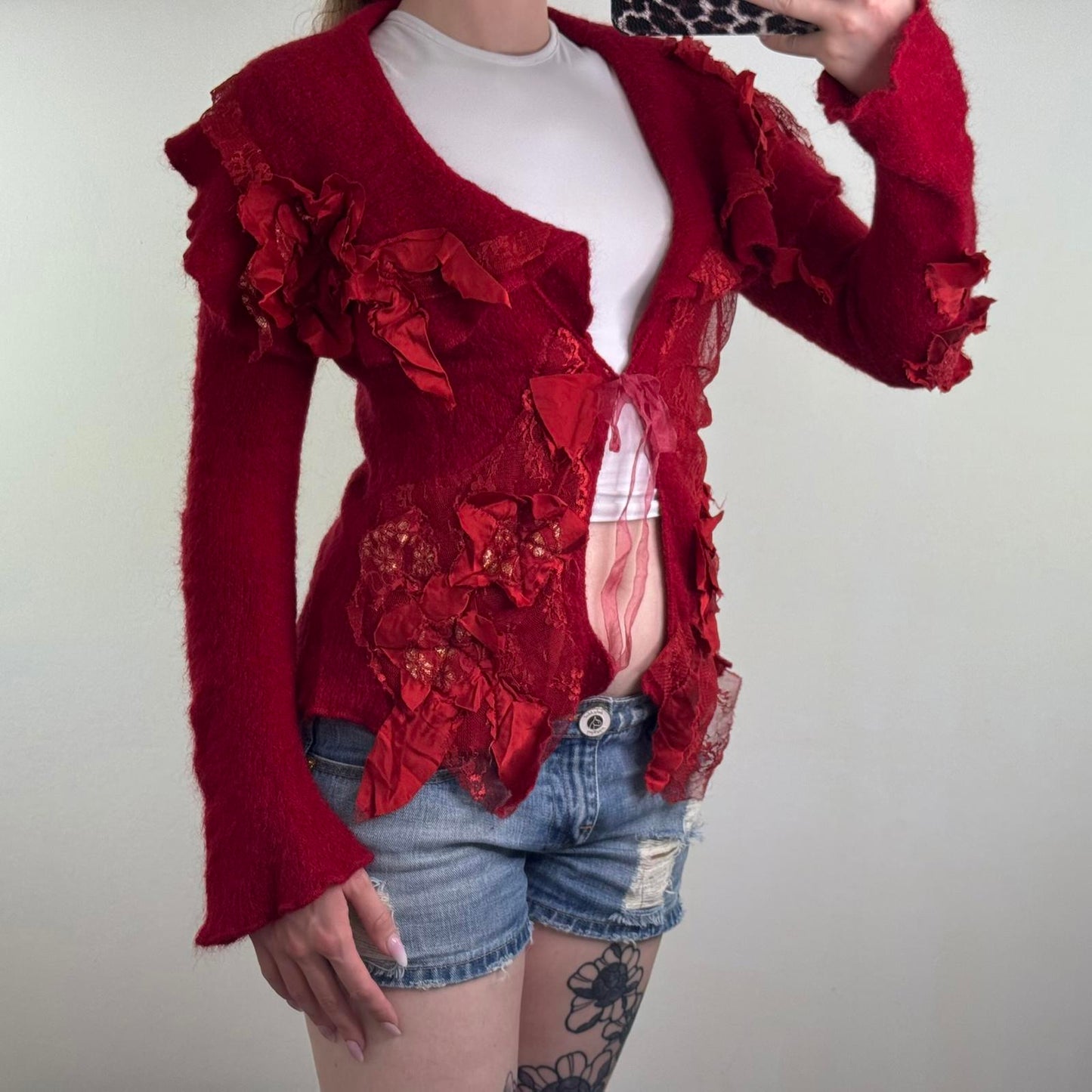 Y2K vintage mohair/ silk knit cardigan lace trim 3D flowers bow patchwork