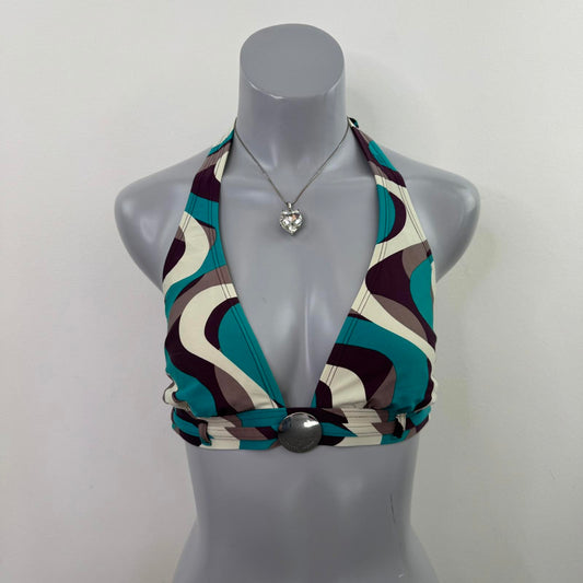 Y2K vintage halter neck abstract pattern bikini top unpadded bow