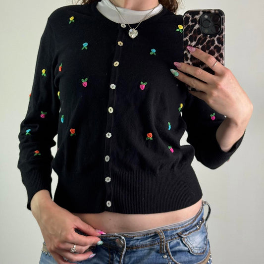 Y2K vintage button up knit floral rose 3D embroidered long sleeve cardigan